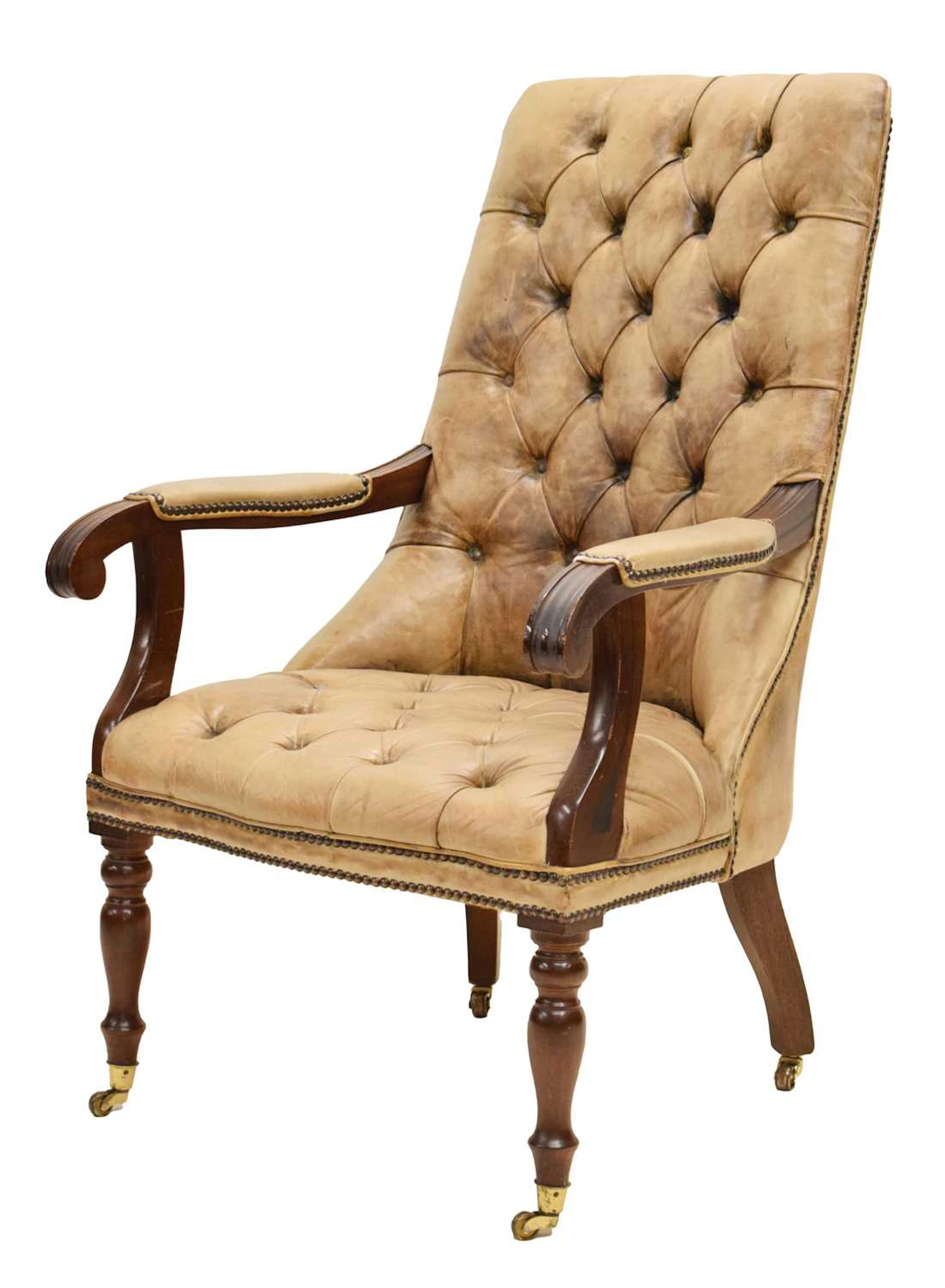 19th century style mahogany-framed deep buttoned office or club library chair