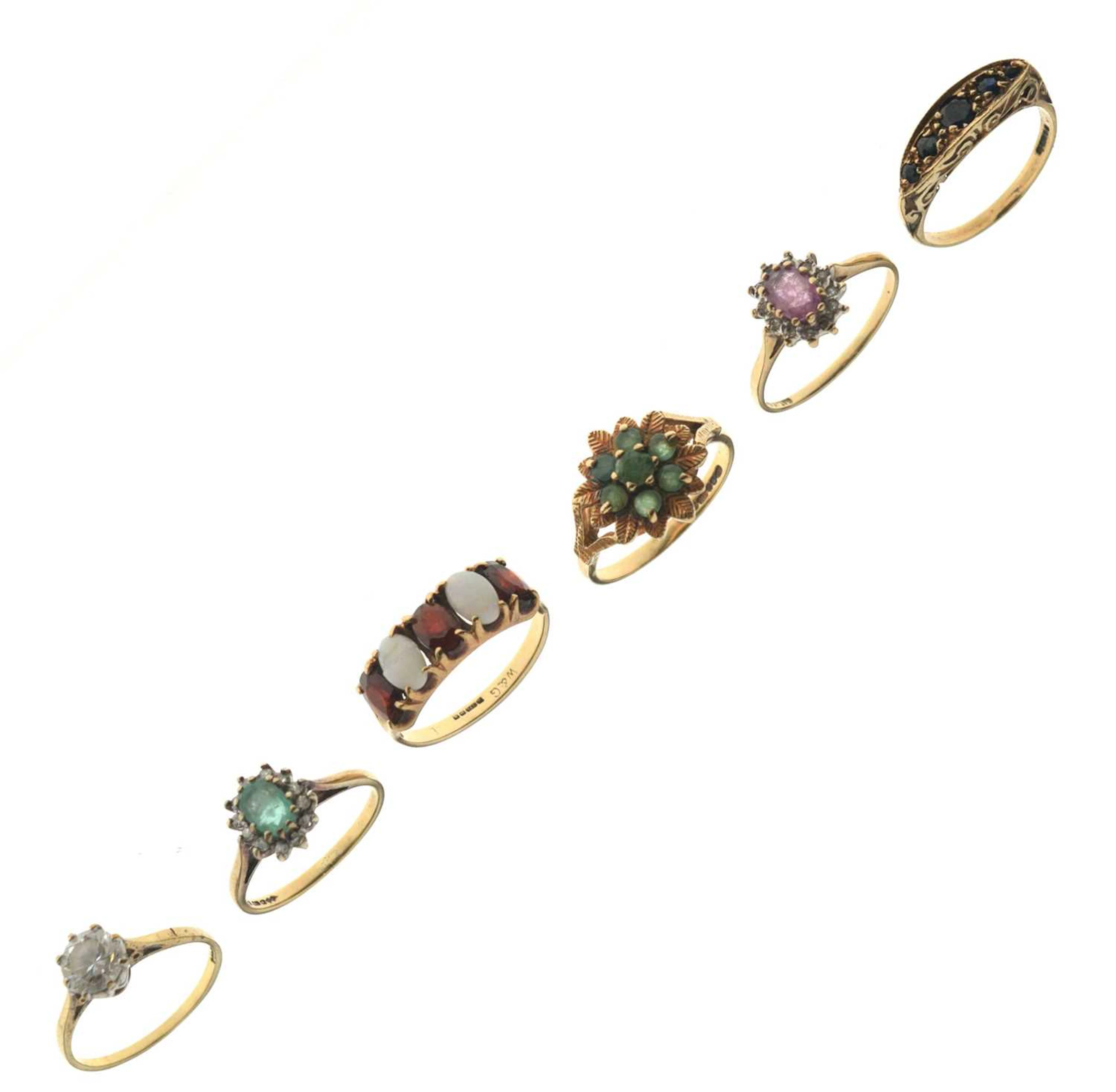 Six 9ct gold gem-set dress rings
