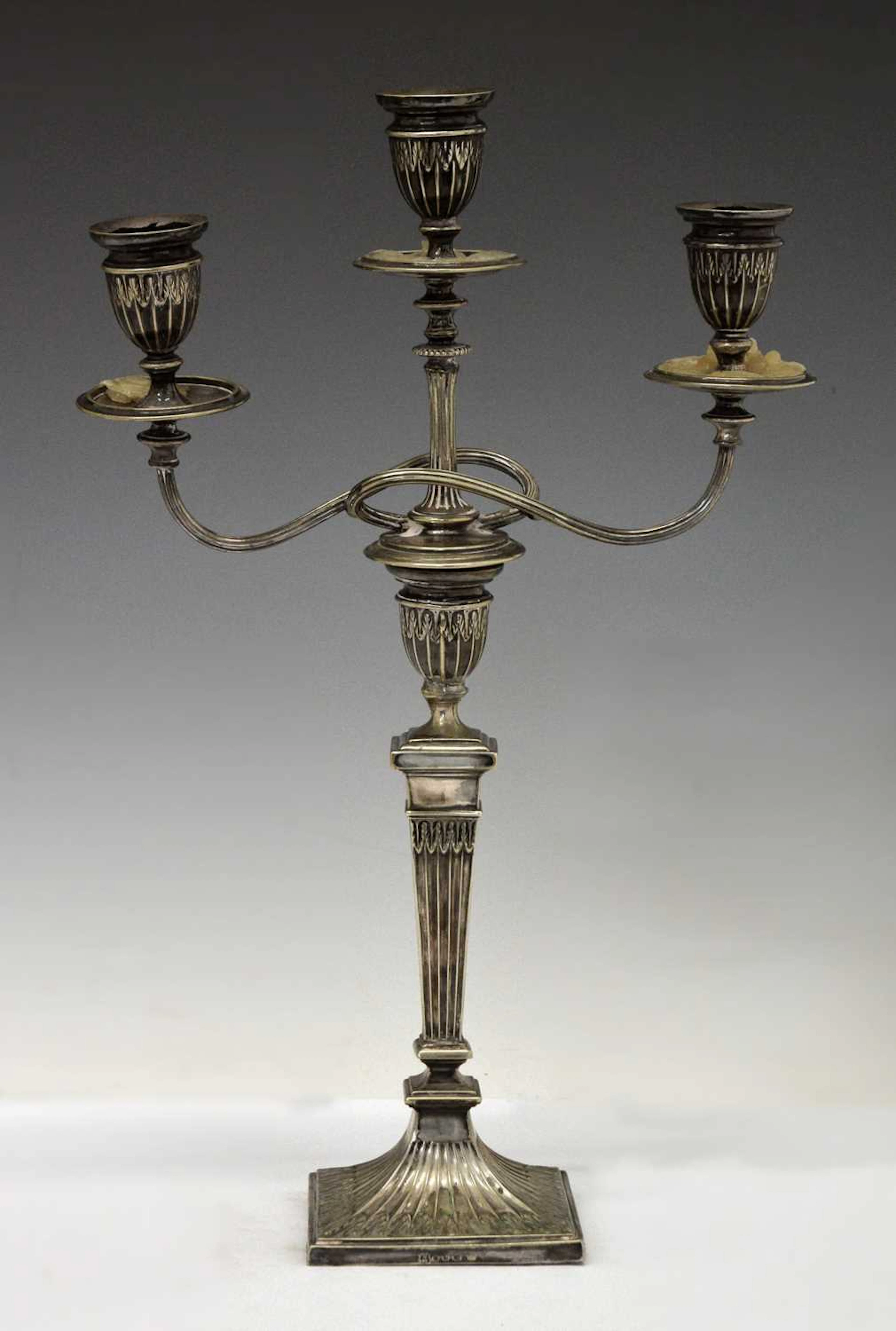 Victorian silver plated two-branch, three-light table candelabrum
