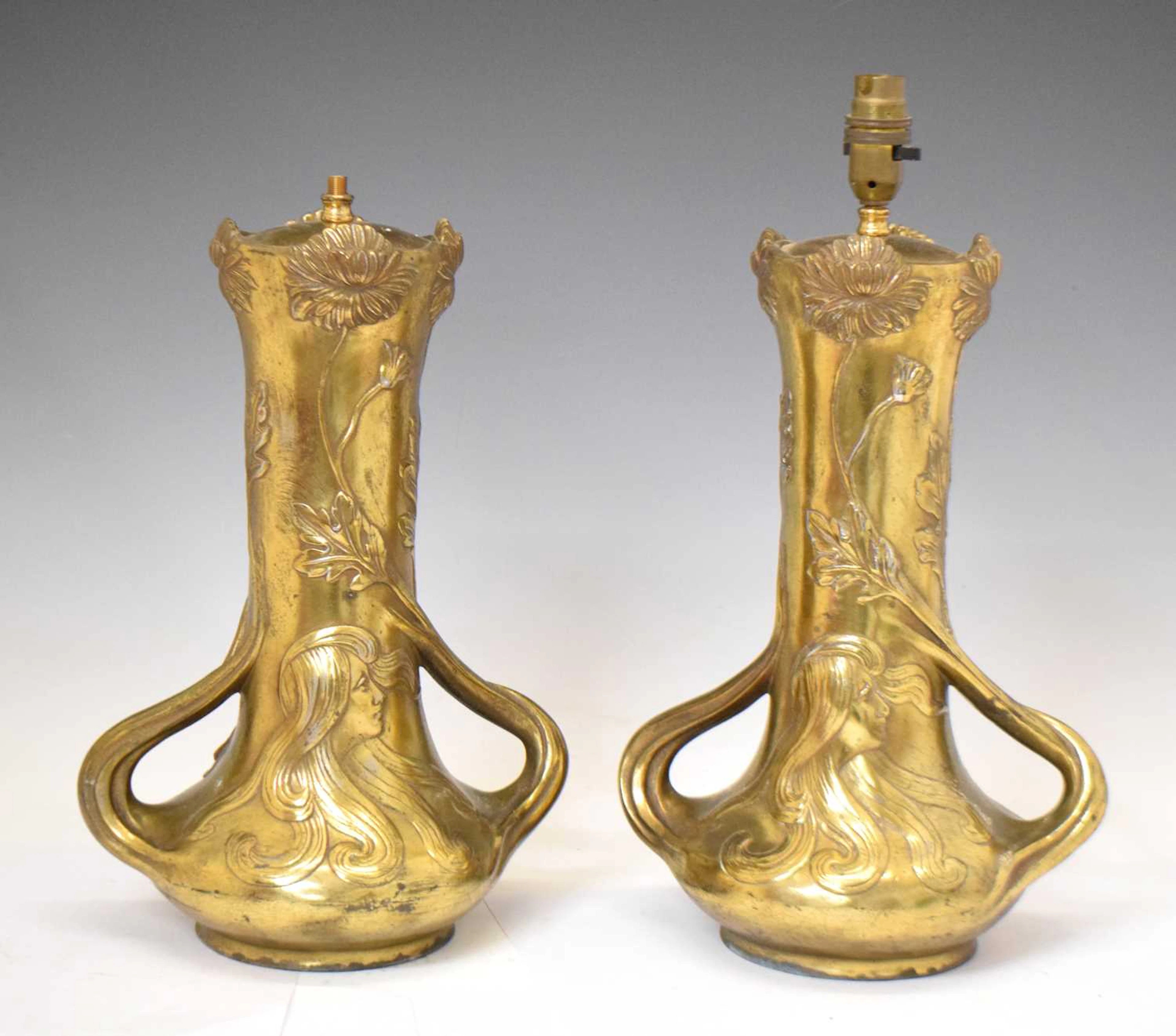 Pair of Art Nouveau continental gilt metal lamp bases in the Japanese taste