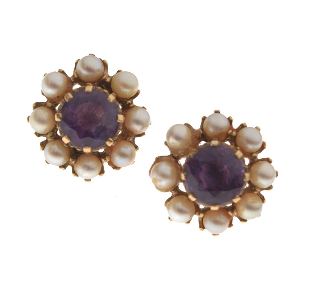 Pair of amethyst and pearl 9ct gold cluster earrings