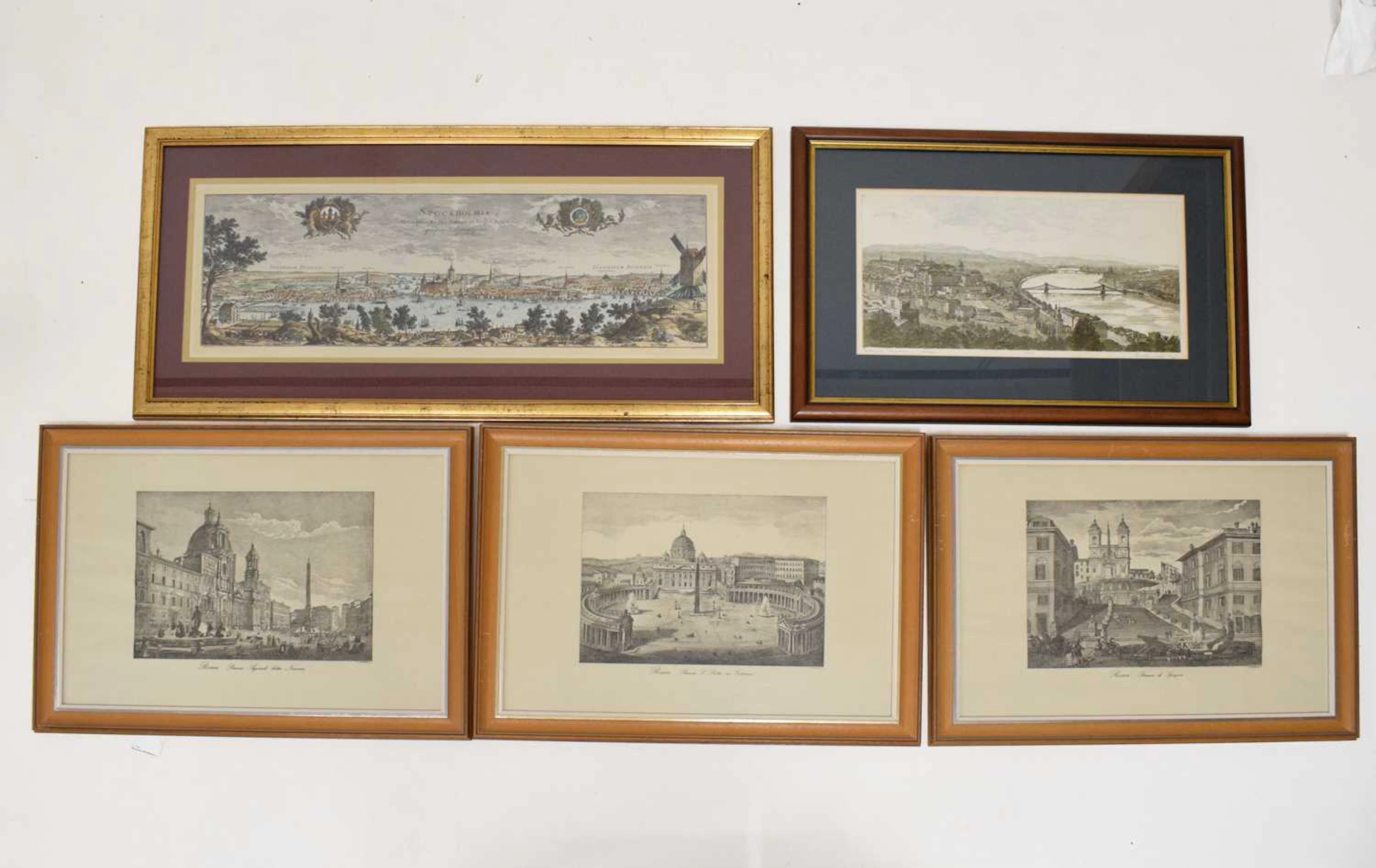 Five panoramic prints to include 'Stockholmia' after Perelle