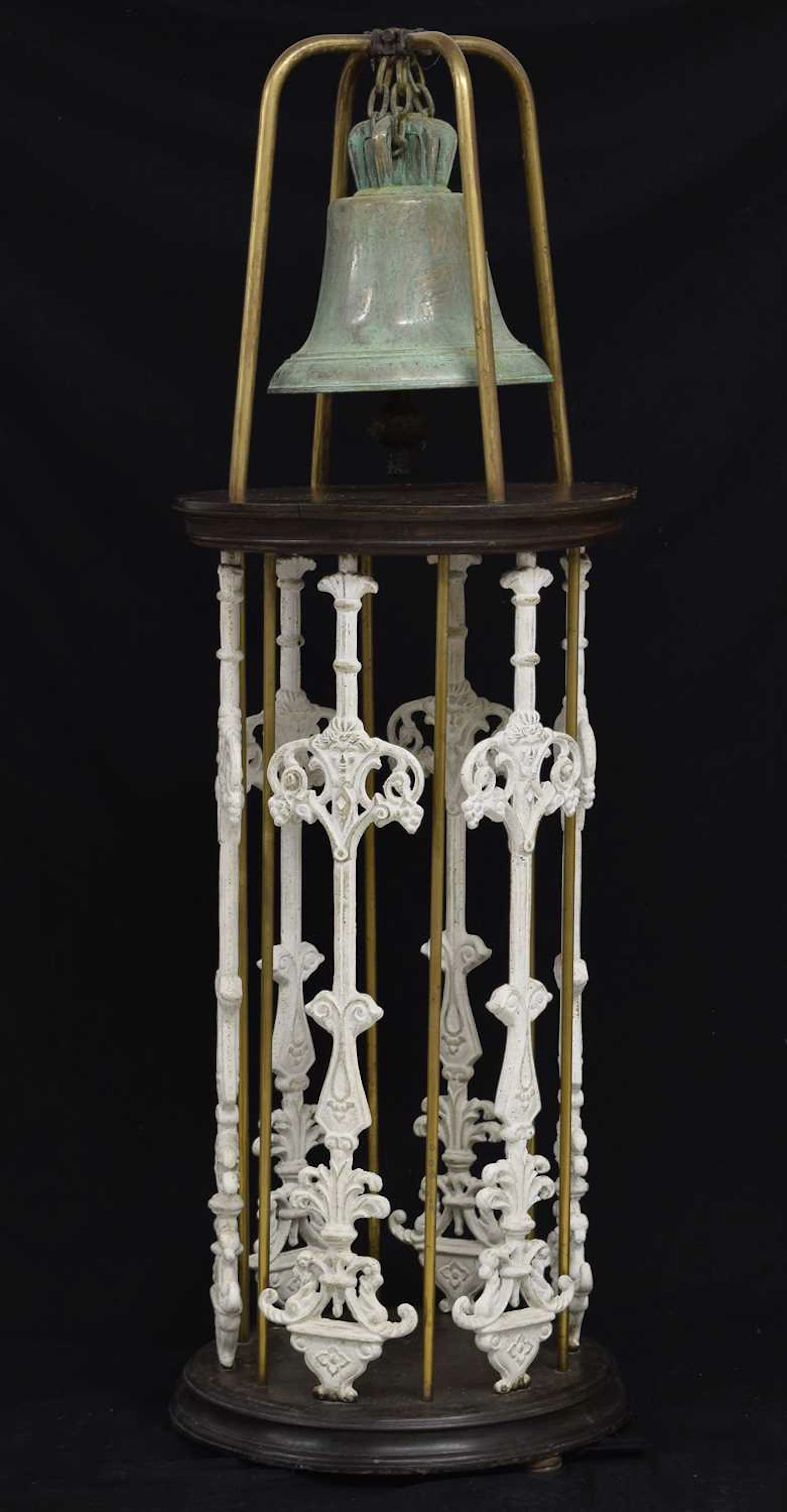 Ship's alloy bell, on cage type stand