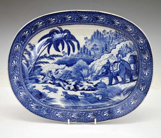 Early 19th century blue transfer printed Indian Sporting 'Tiger Hunt' meat dish