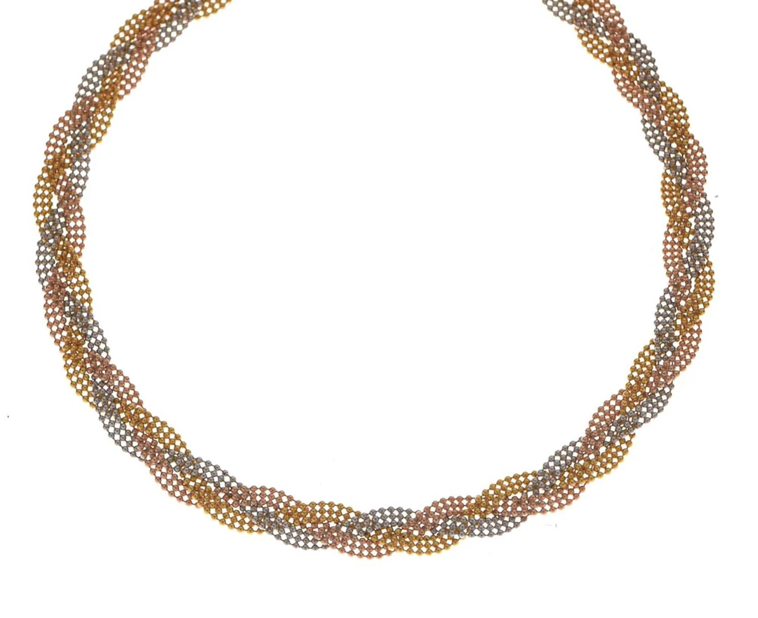 Three colour woven collar necklace, stamped '585'