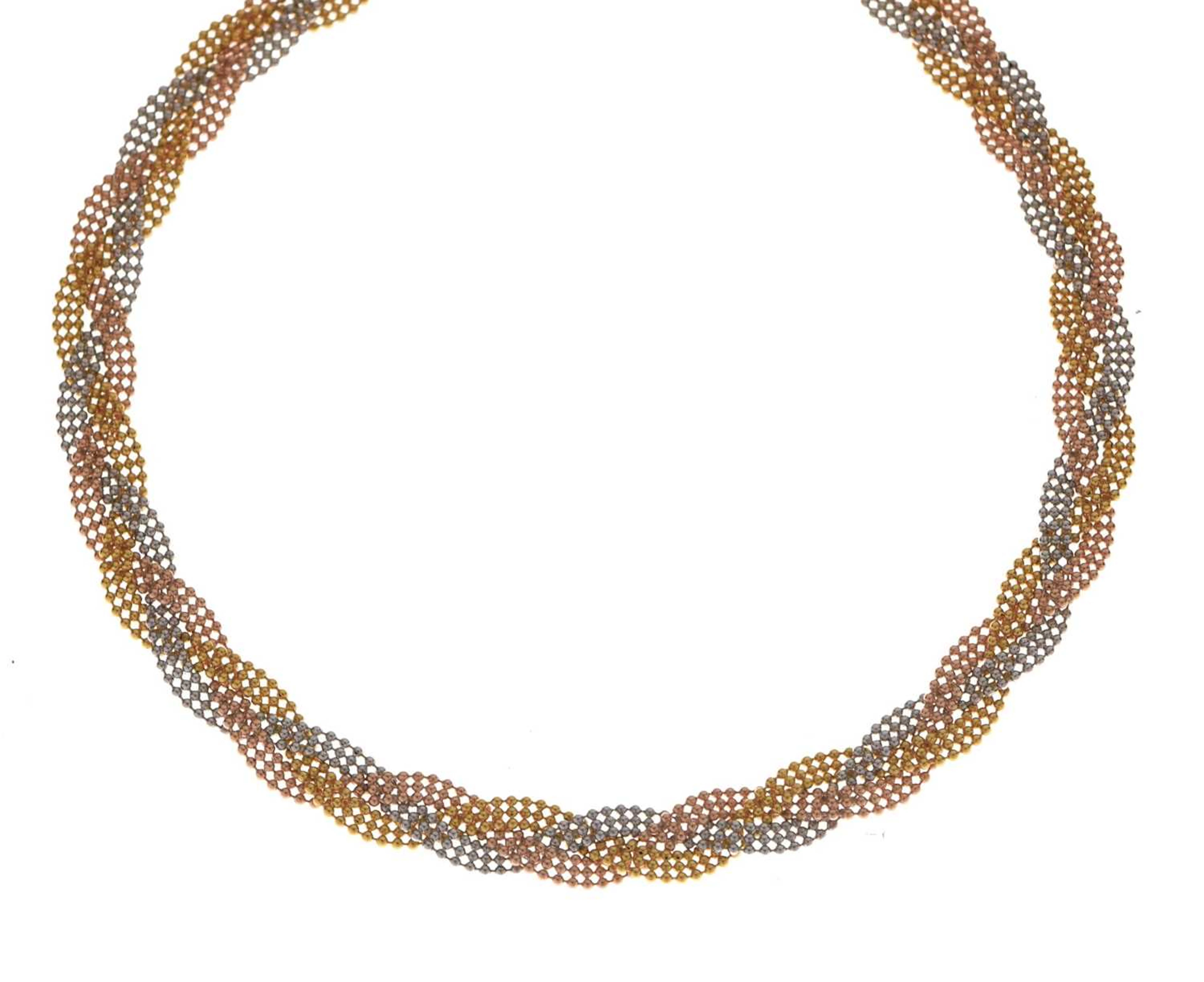 Three colour woven collar necklace, stamped '585'