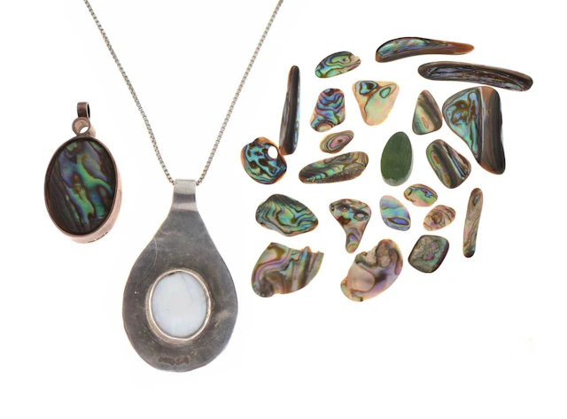 Opal silver pendant necklace together with an abalone shell and mother-of-pearl