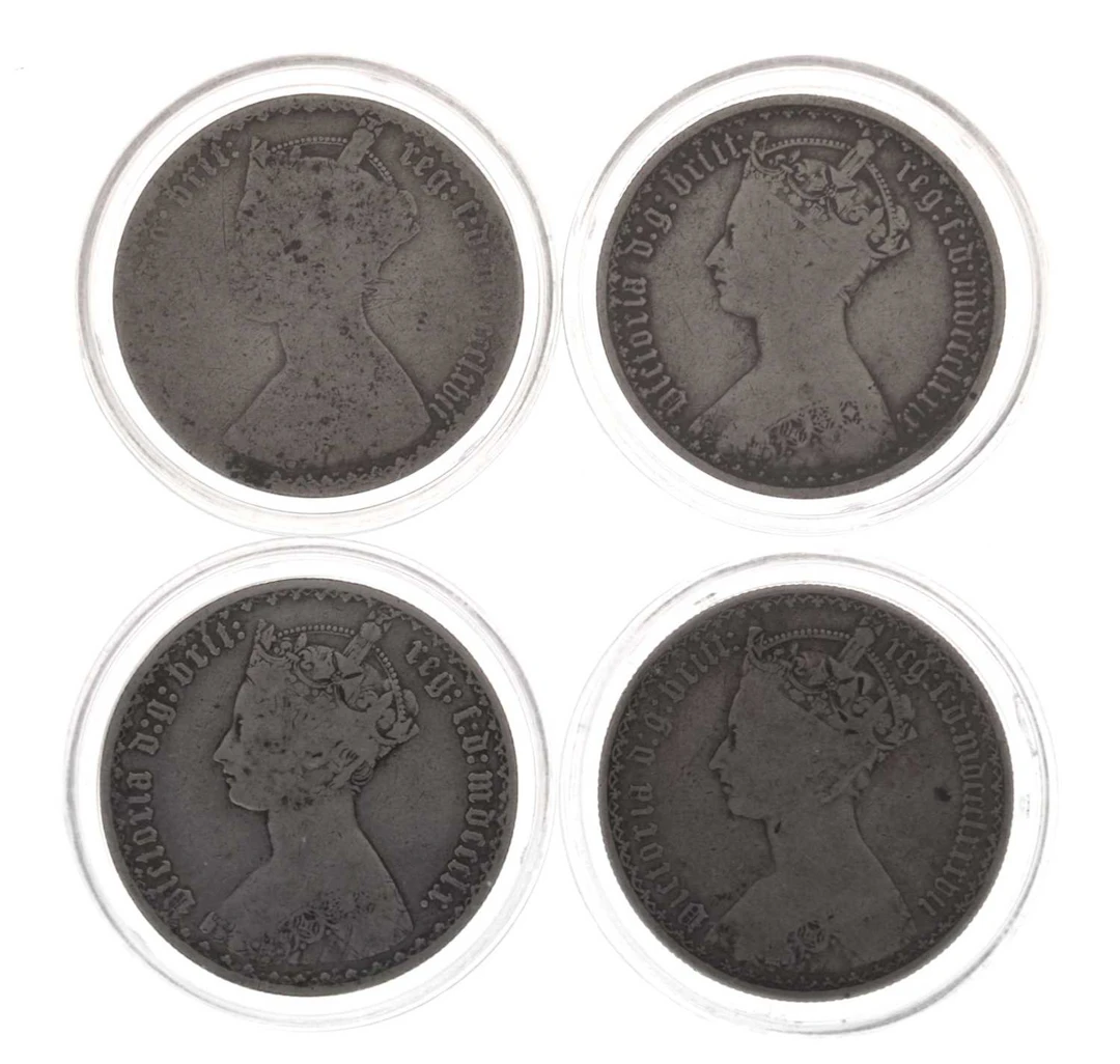 Four Victorian silver Gothic florins