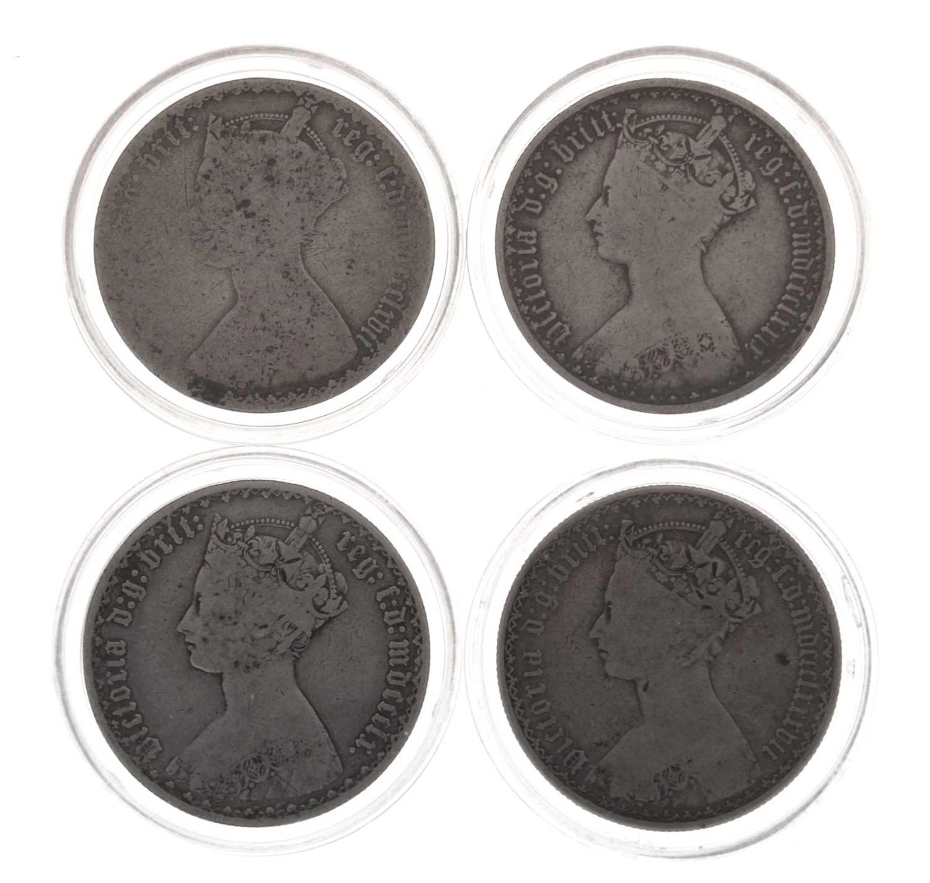 Four Victorian silver Gothic florins