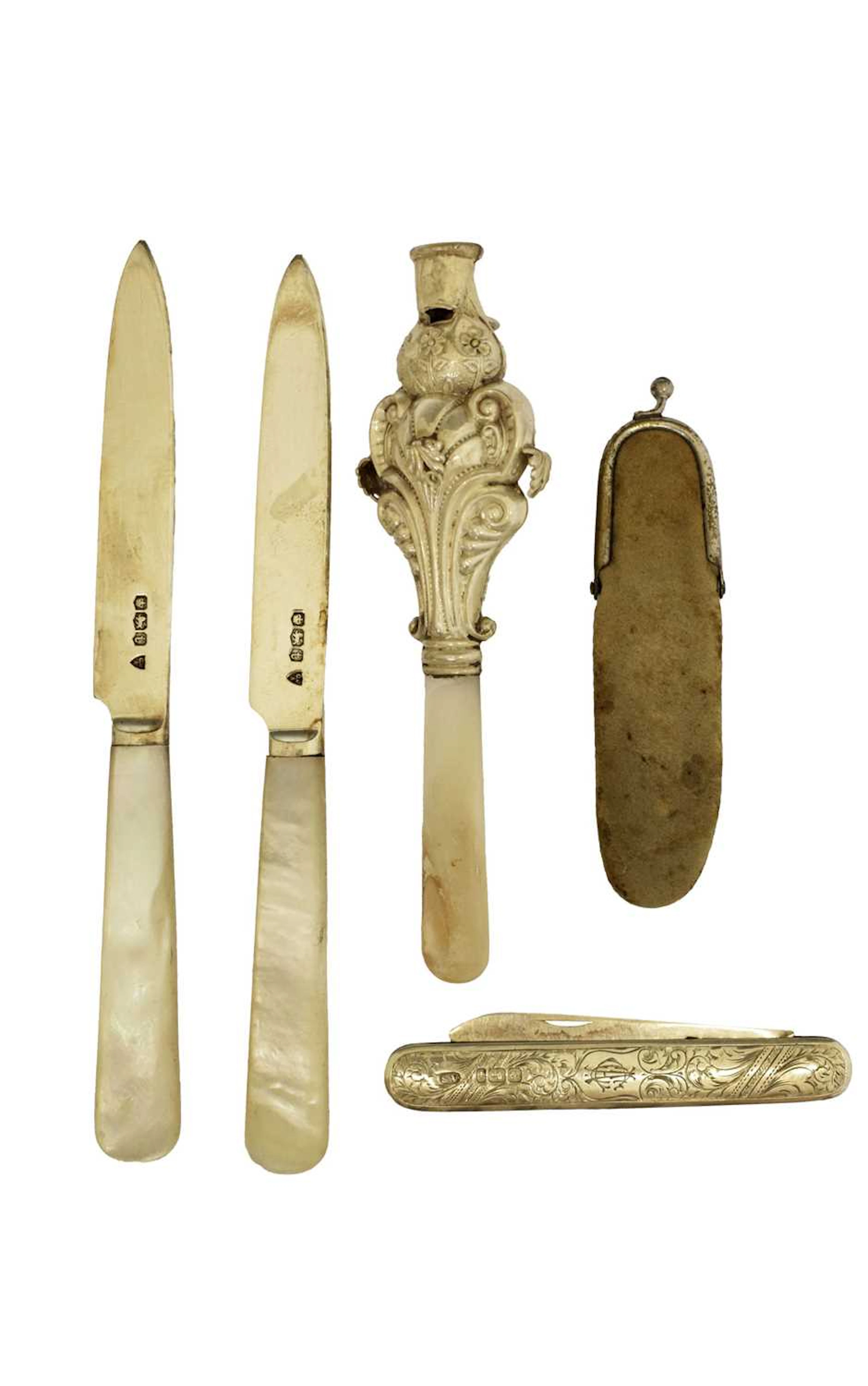 Edward VII silver teething whistle with mother of pearl handle, etc