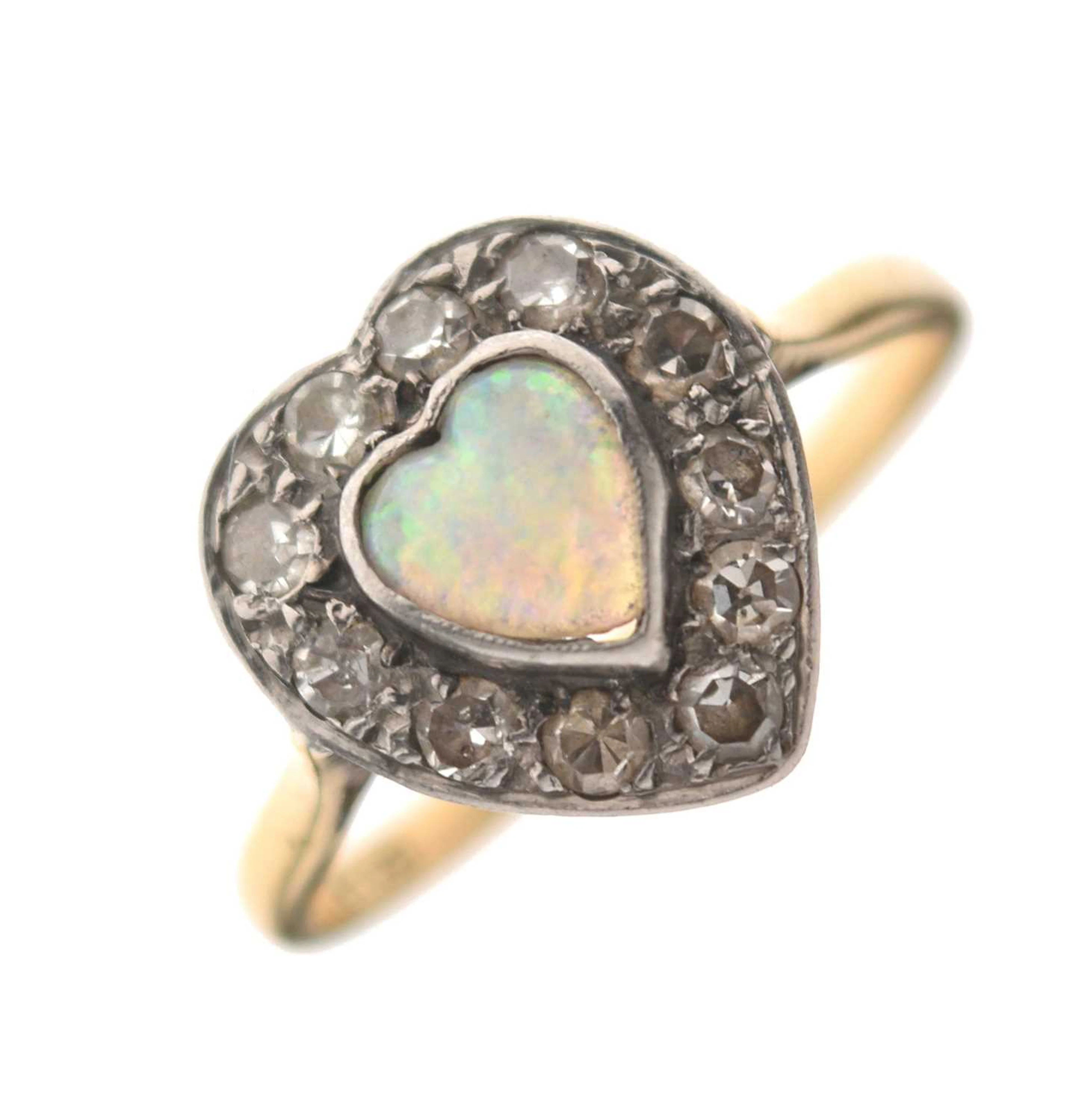 Opal and diamond heart-shaped cluster ring