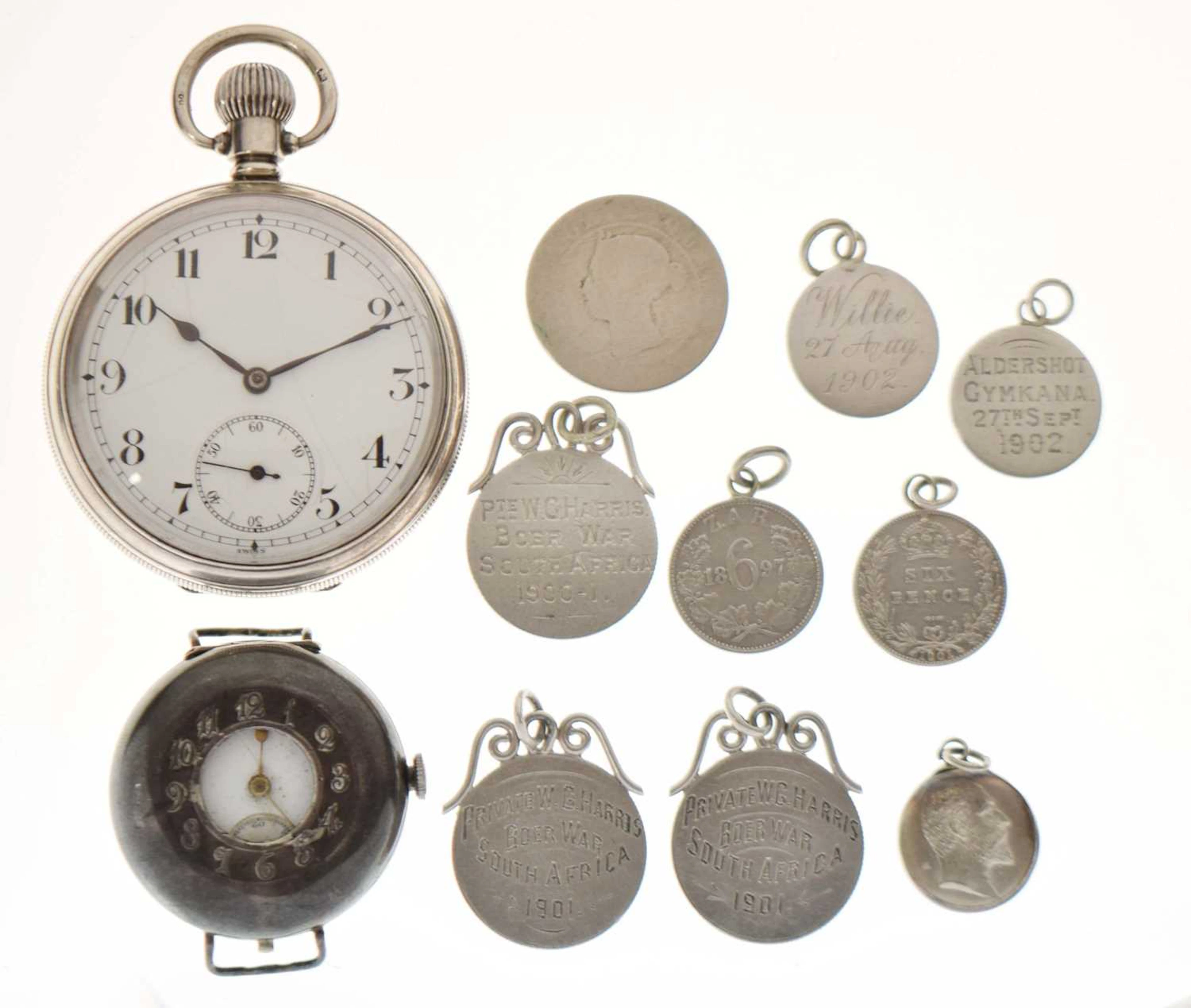 A collection of silver coin fobs, etc, together with a pocket watch