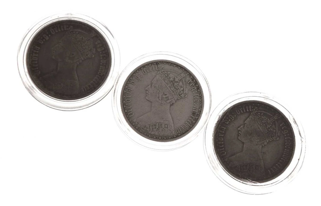 Three Victorian silver Gothic florins