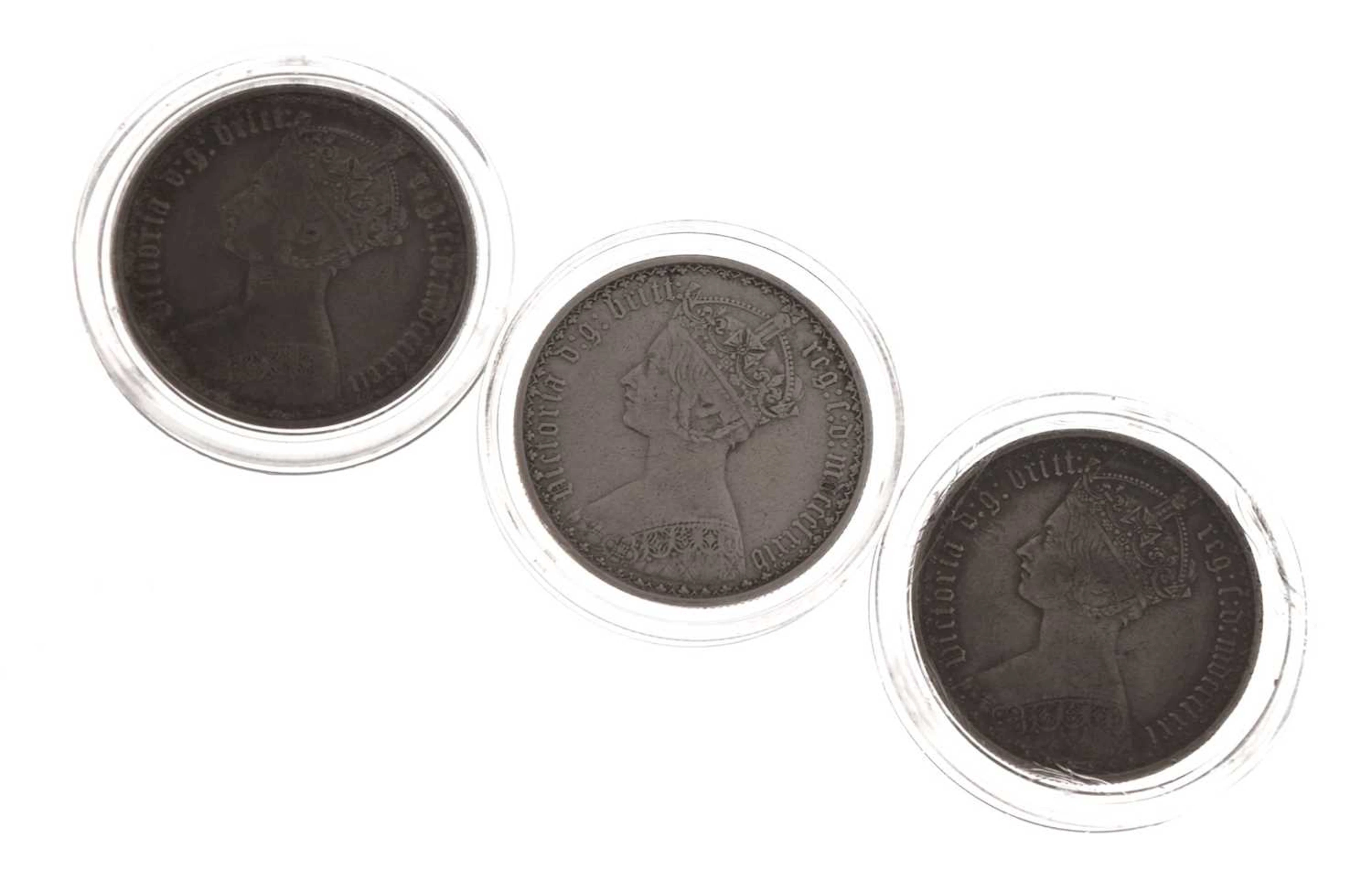Three Victorian silver Gothic florins