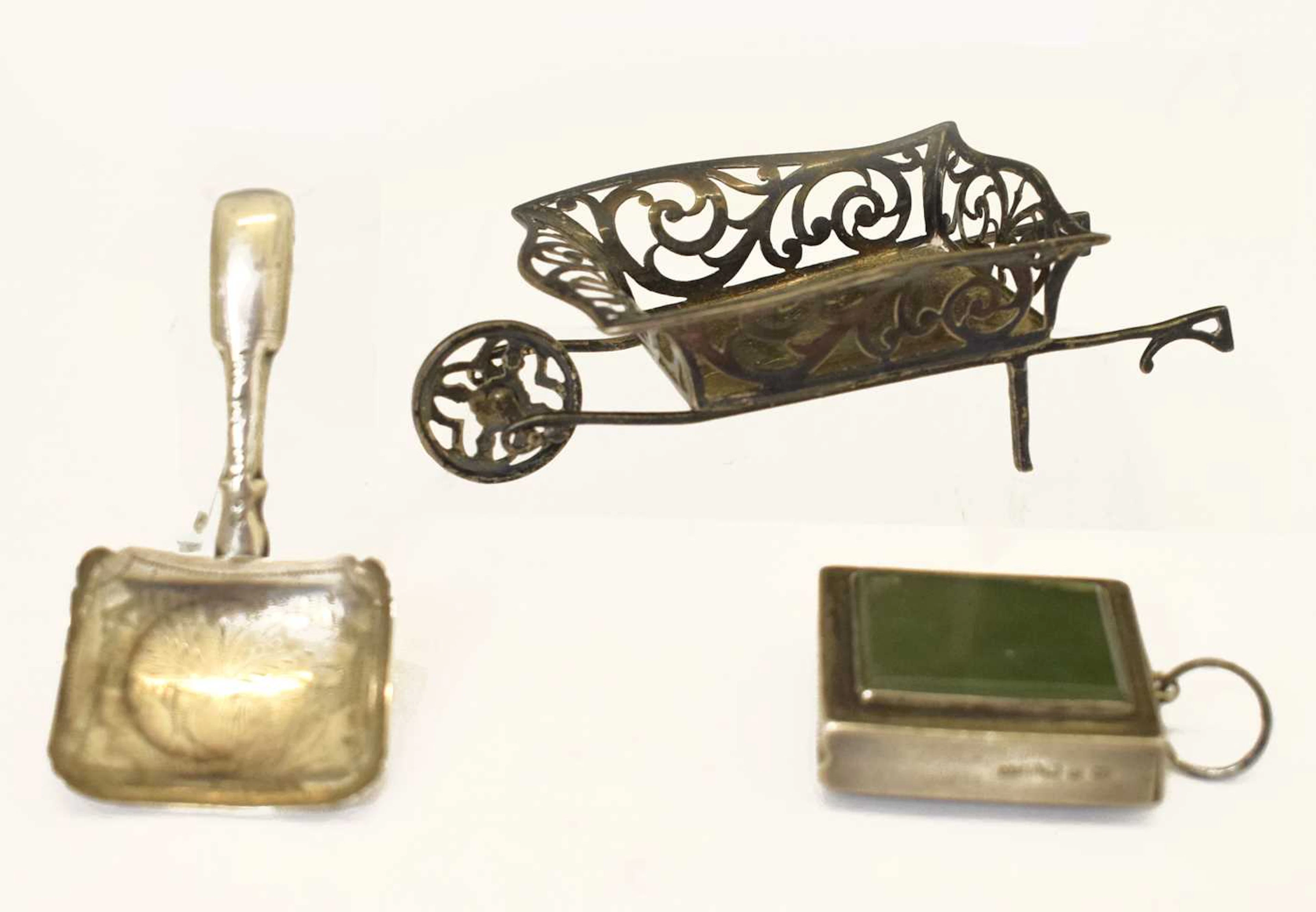 George V silver novelty bonbon dish, George IV silver caddy spoon, etc