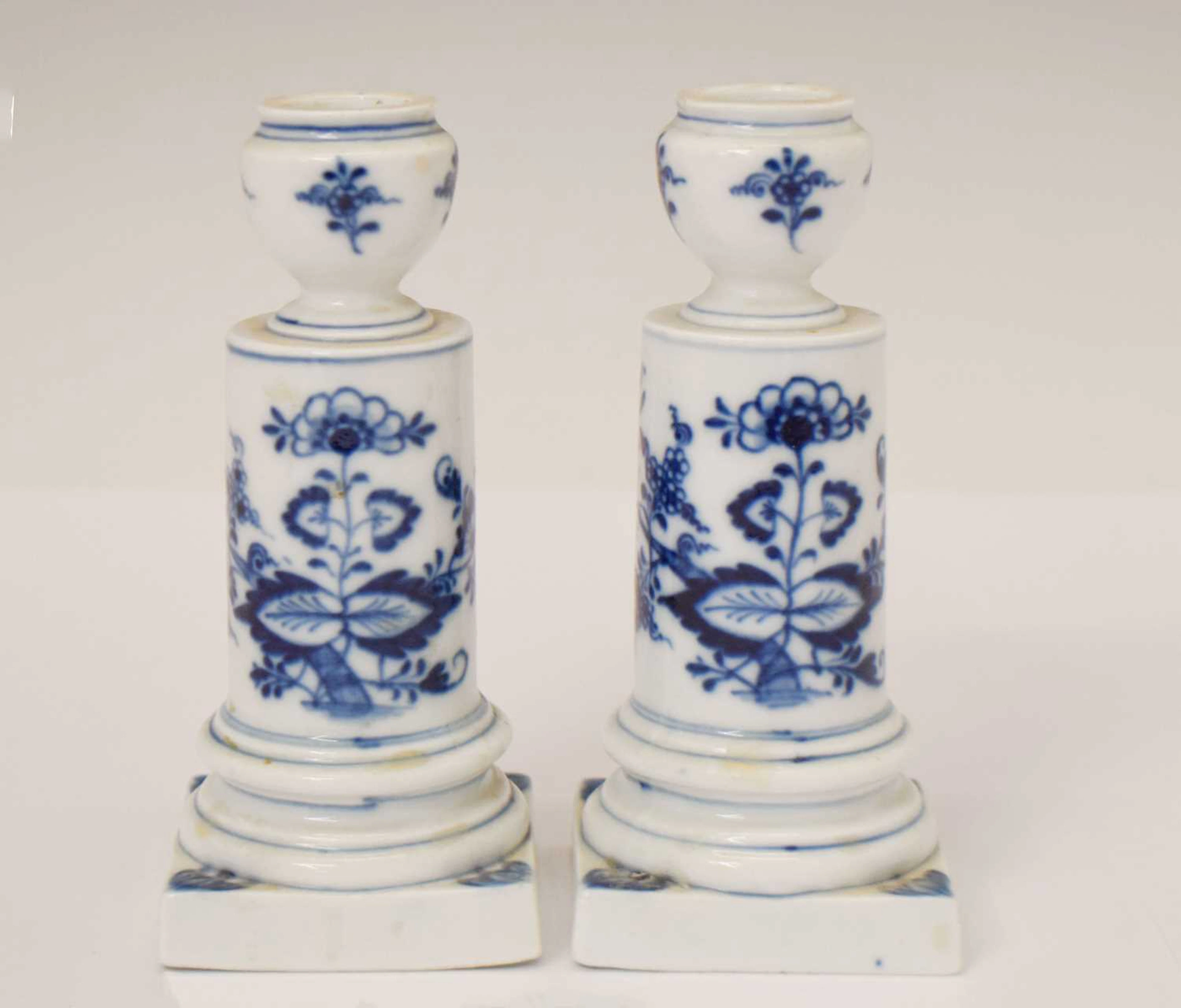 Pair of Meissen 'Onion' pattern porcelain candlesticks