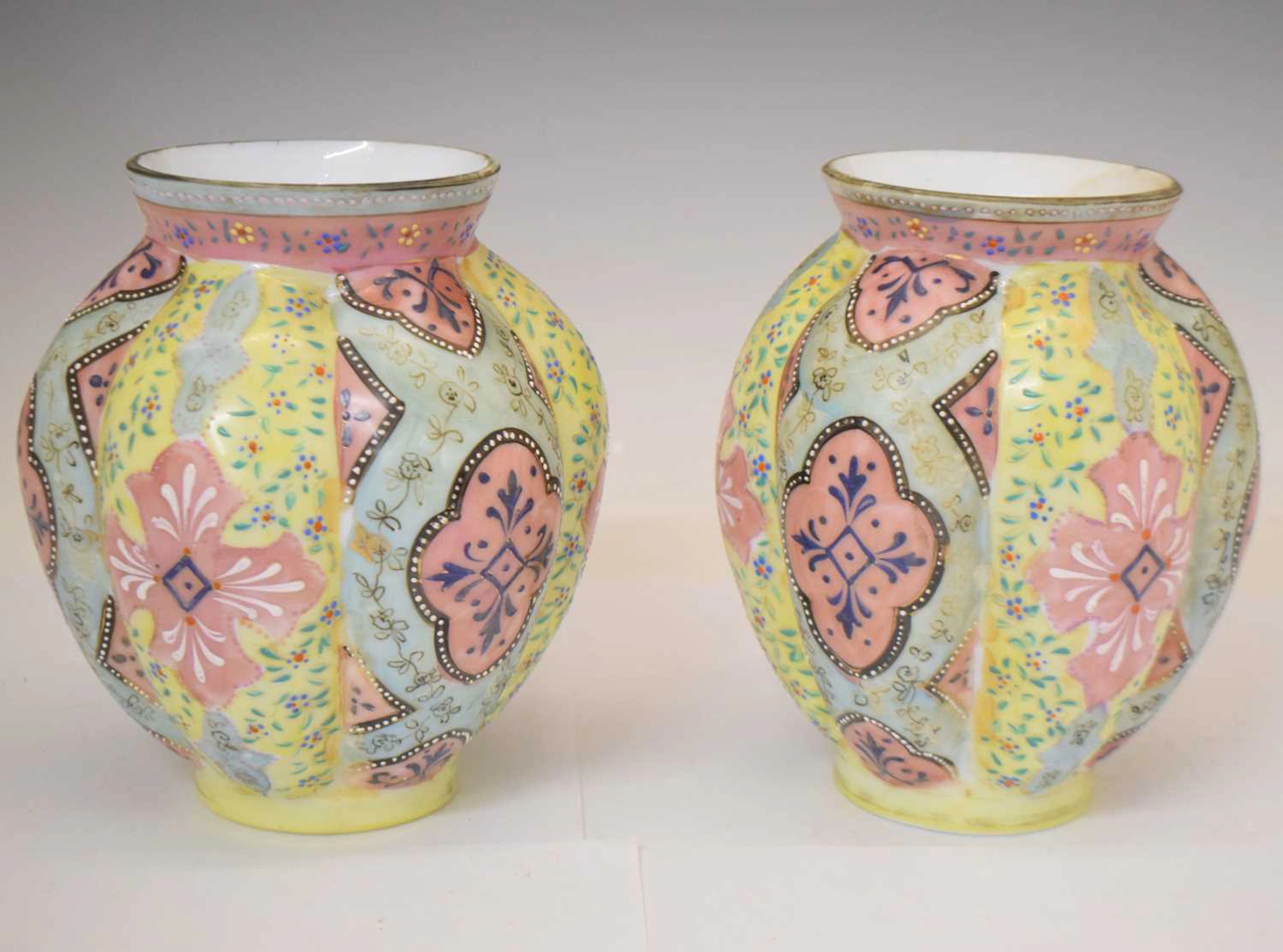 Pair of painted opaque glass vases