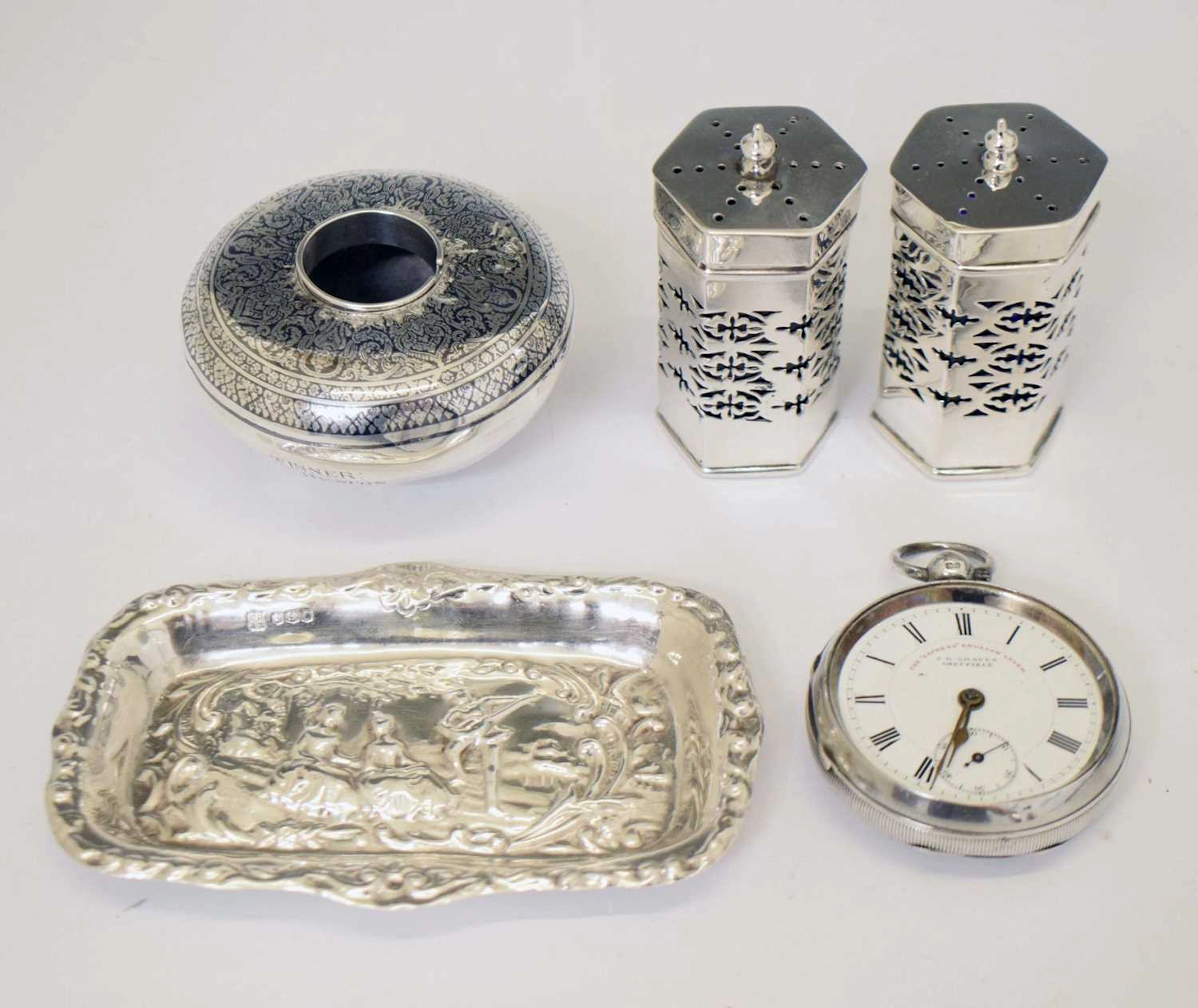 Pair of George V silver condiments, a Thai white metal vase, etc