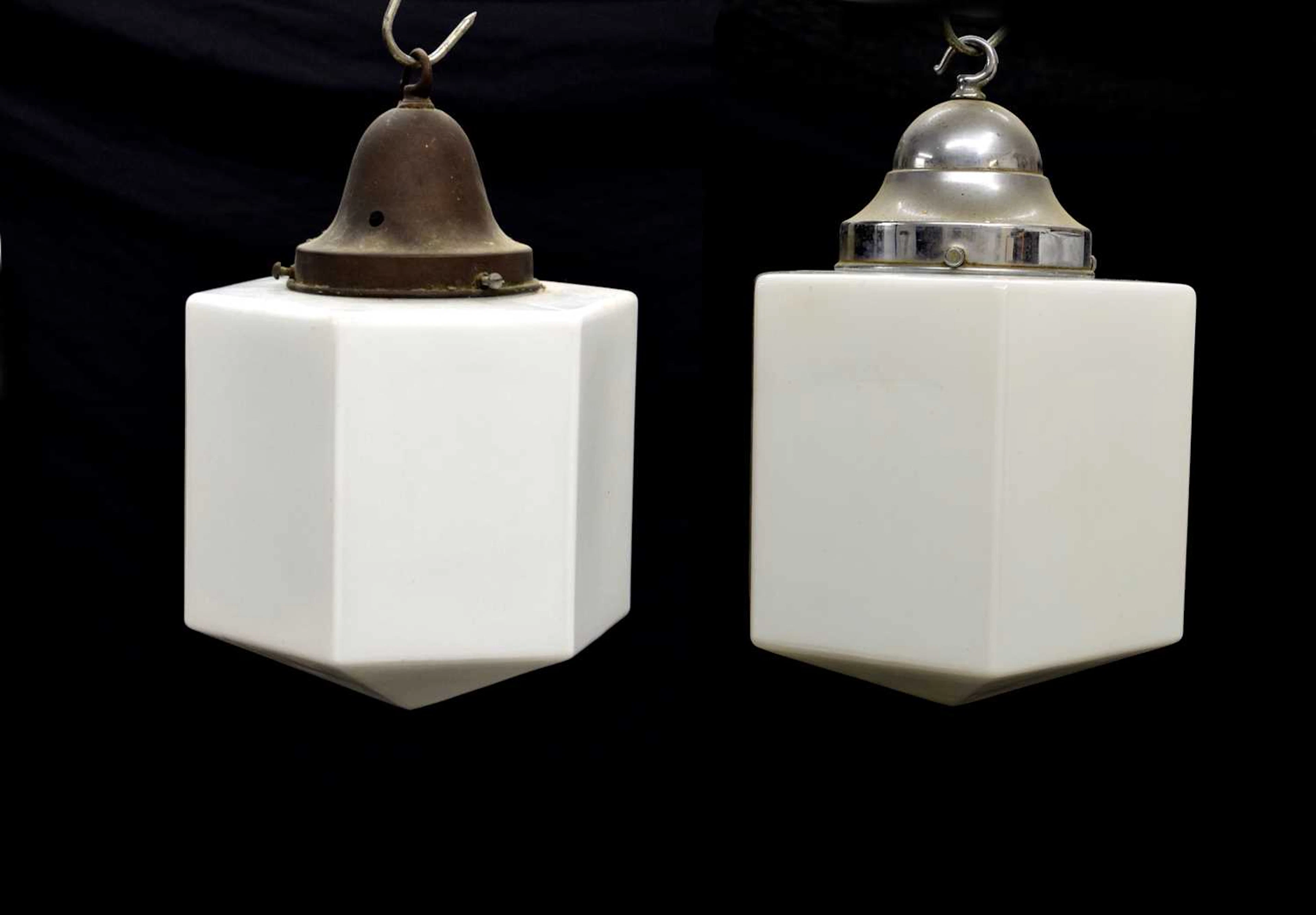 Pair of opaline white glass hexagonal ceiling pendant lights