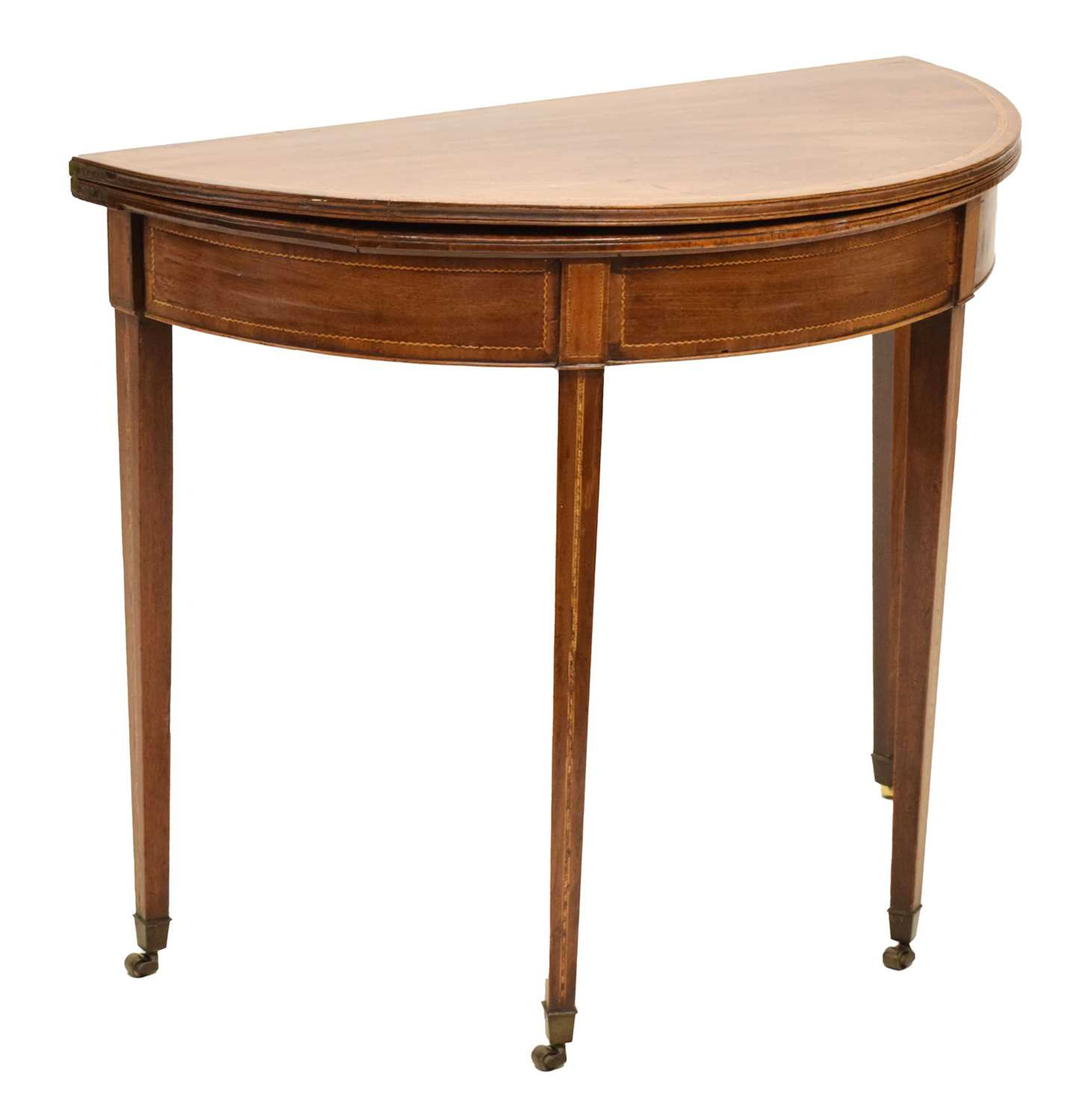 Early 19th century inlaid mahogany demi-lune fold-over tea table