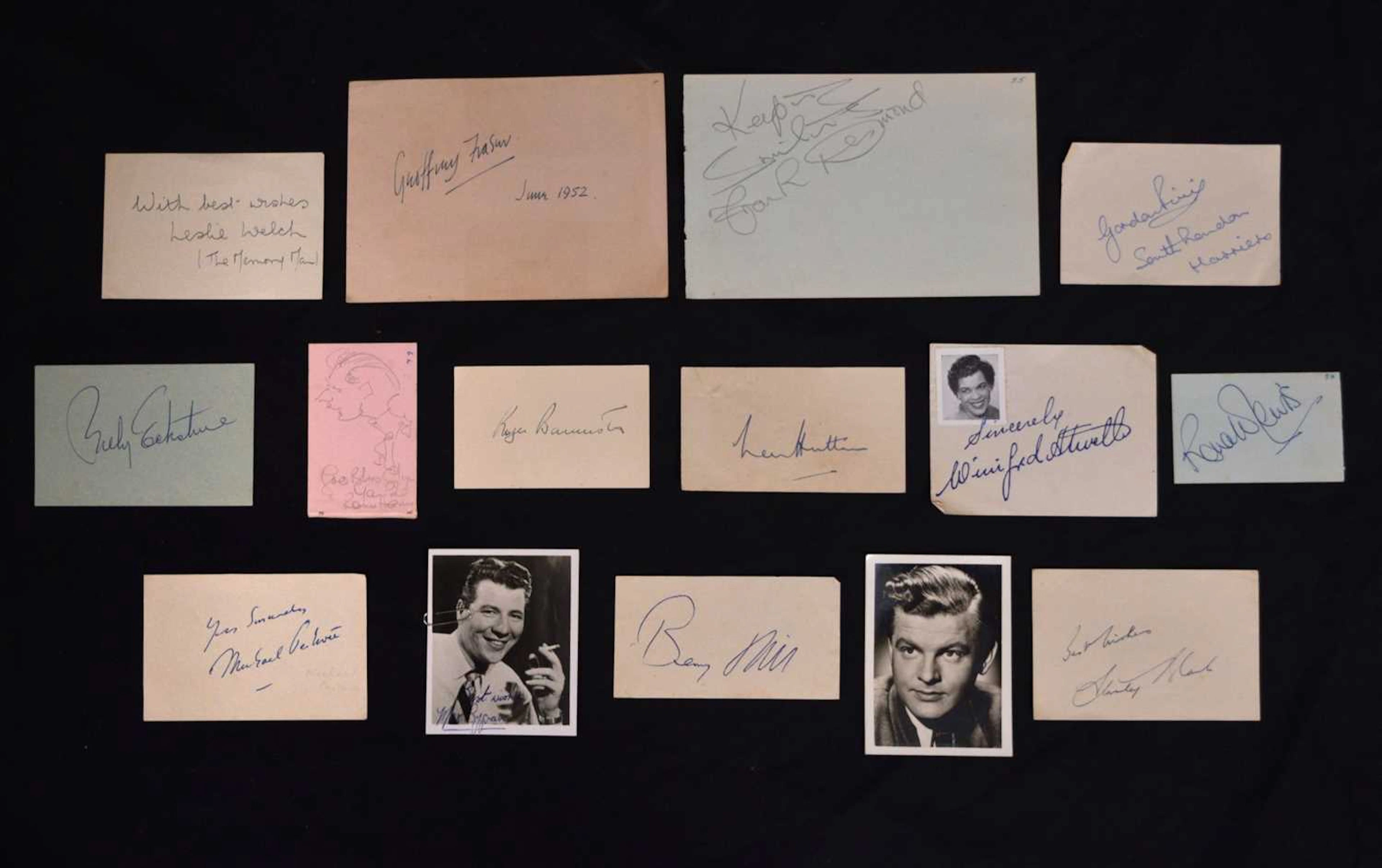 Collection of approximately 60 autographs featuring entertainers