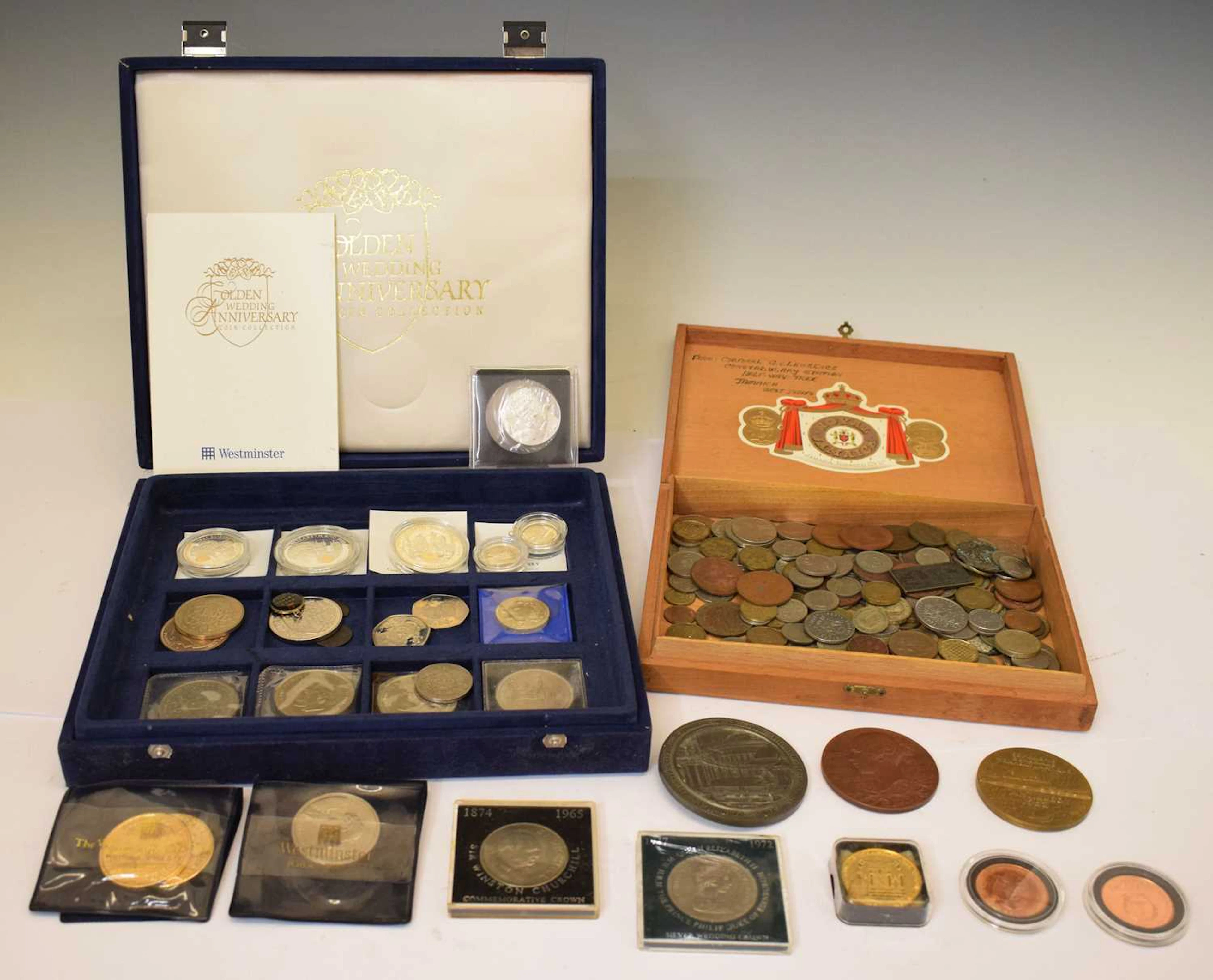 A collection of GB and World coins and medallions