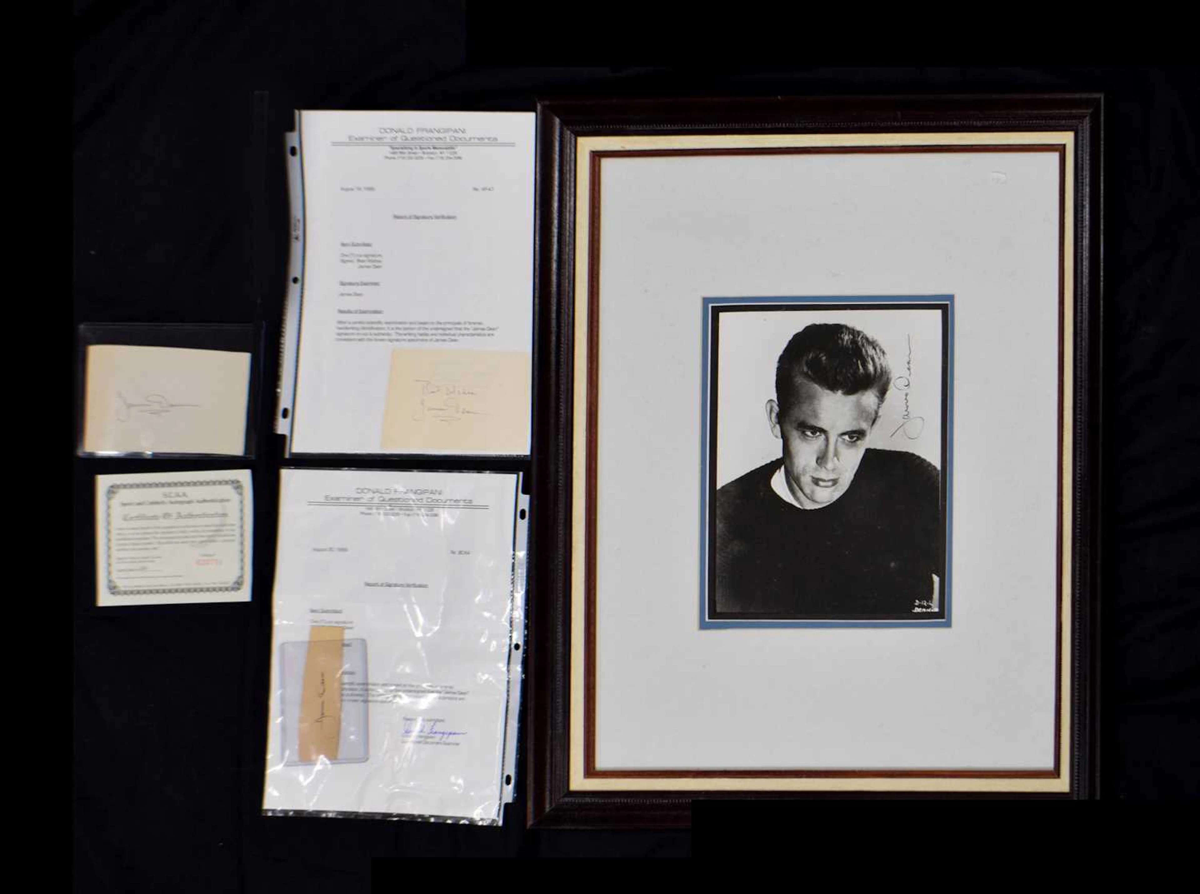 James Dean black and white photograph with facsimile 'signature', etc