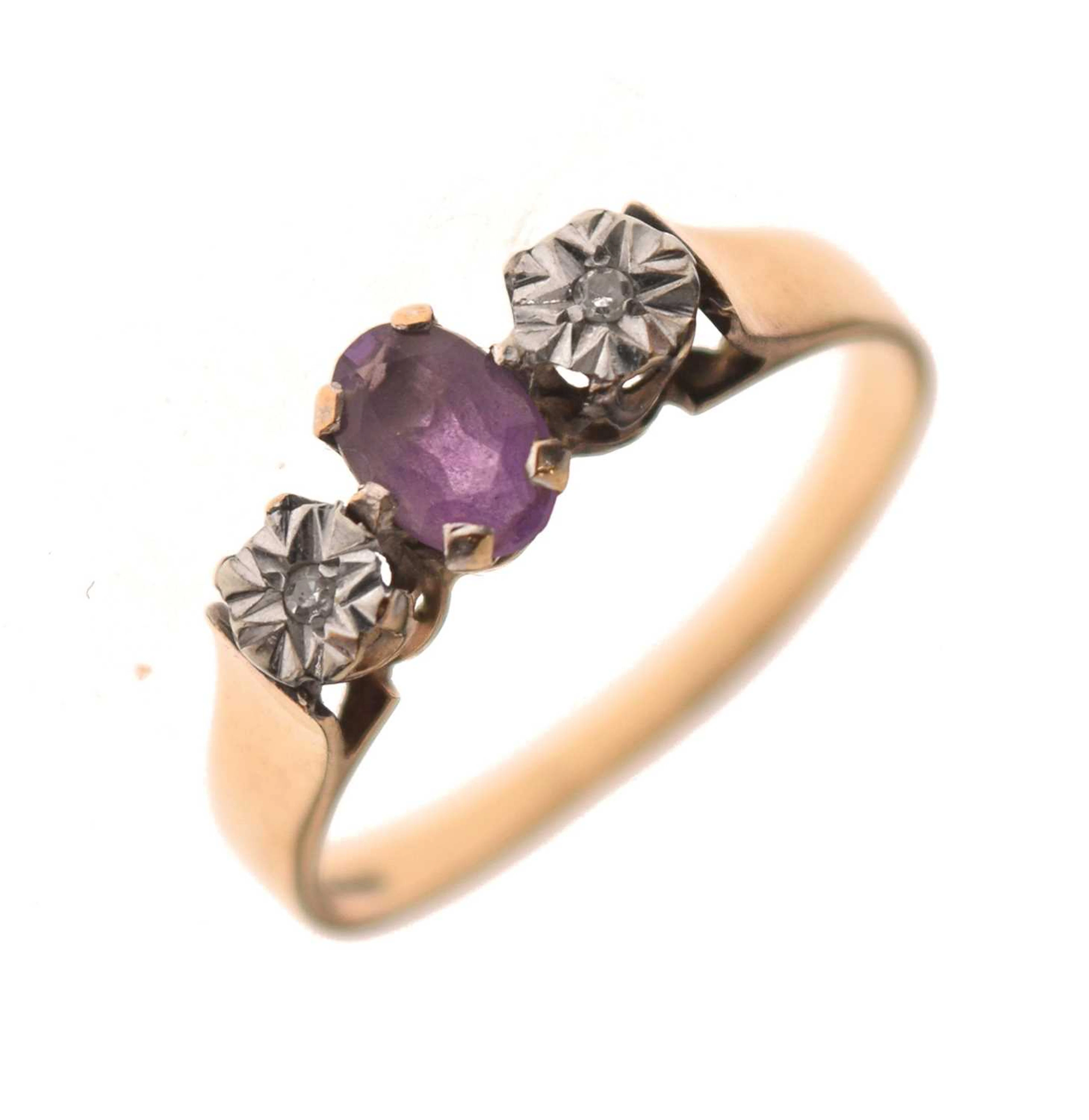 Amethyst and illusion set diamond three-stone 9ct gold ring
