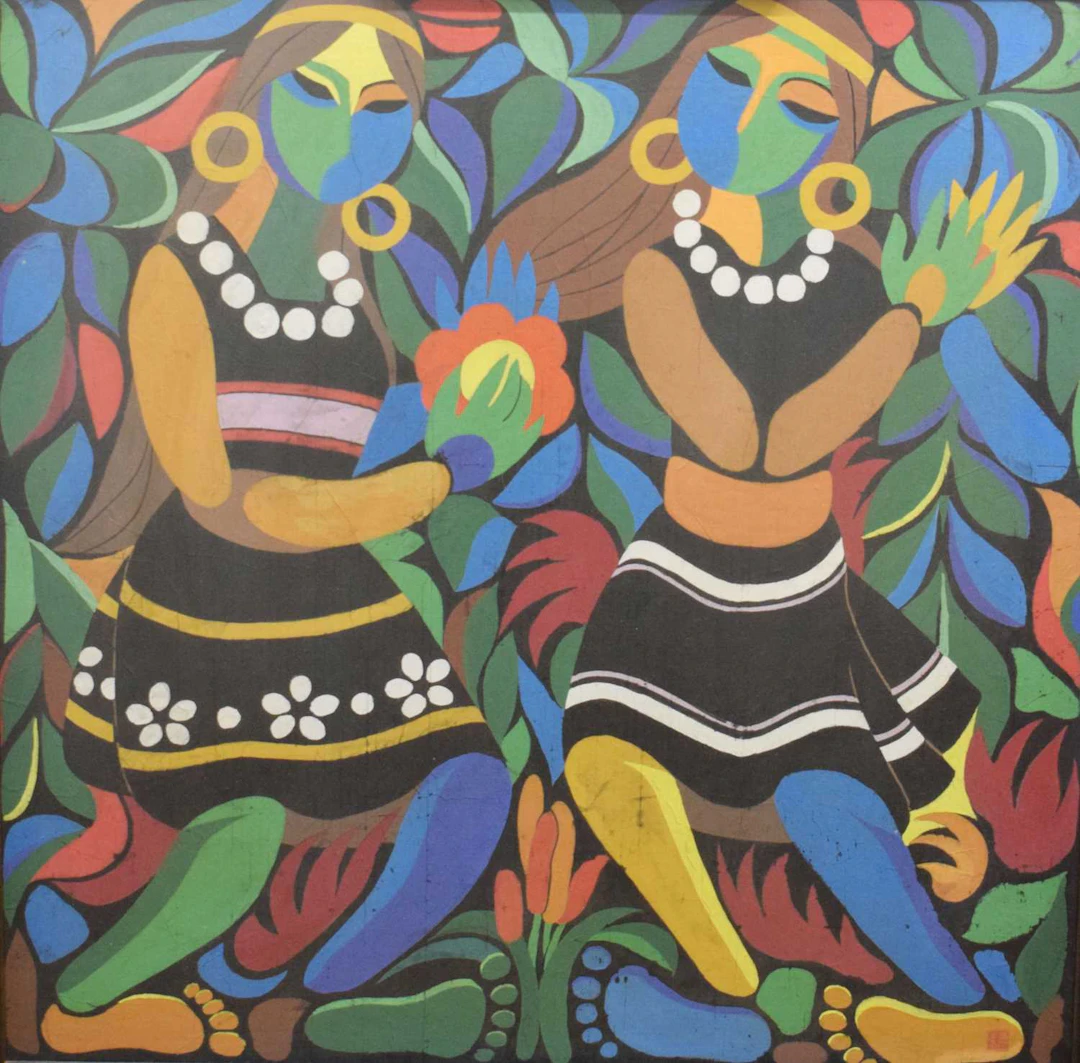 Large multi-watercolour study of two dancing females, possibly Taiwanese