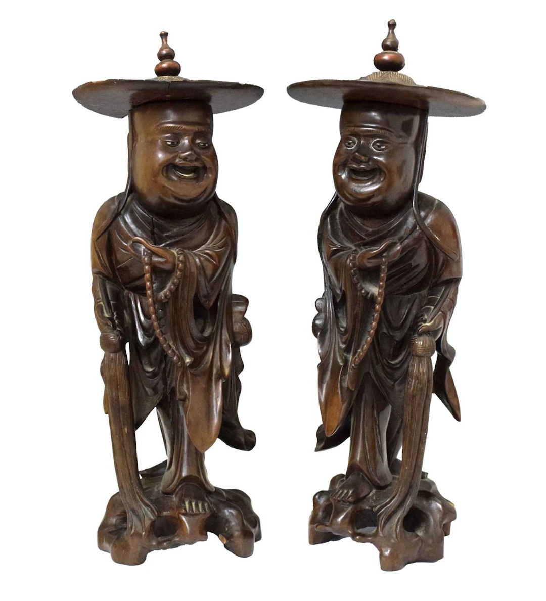 Pair of Chinese carved wooden figures of priests