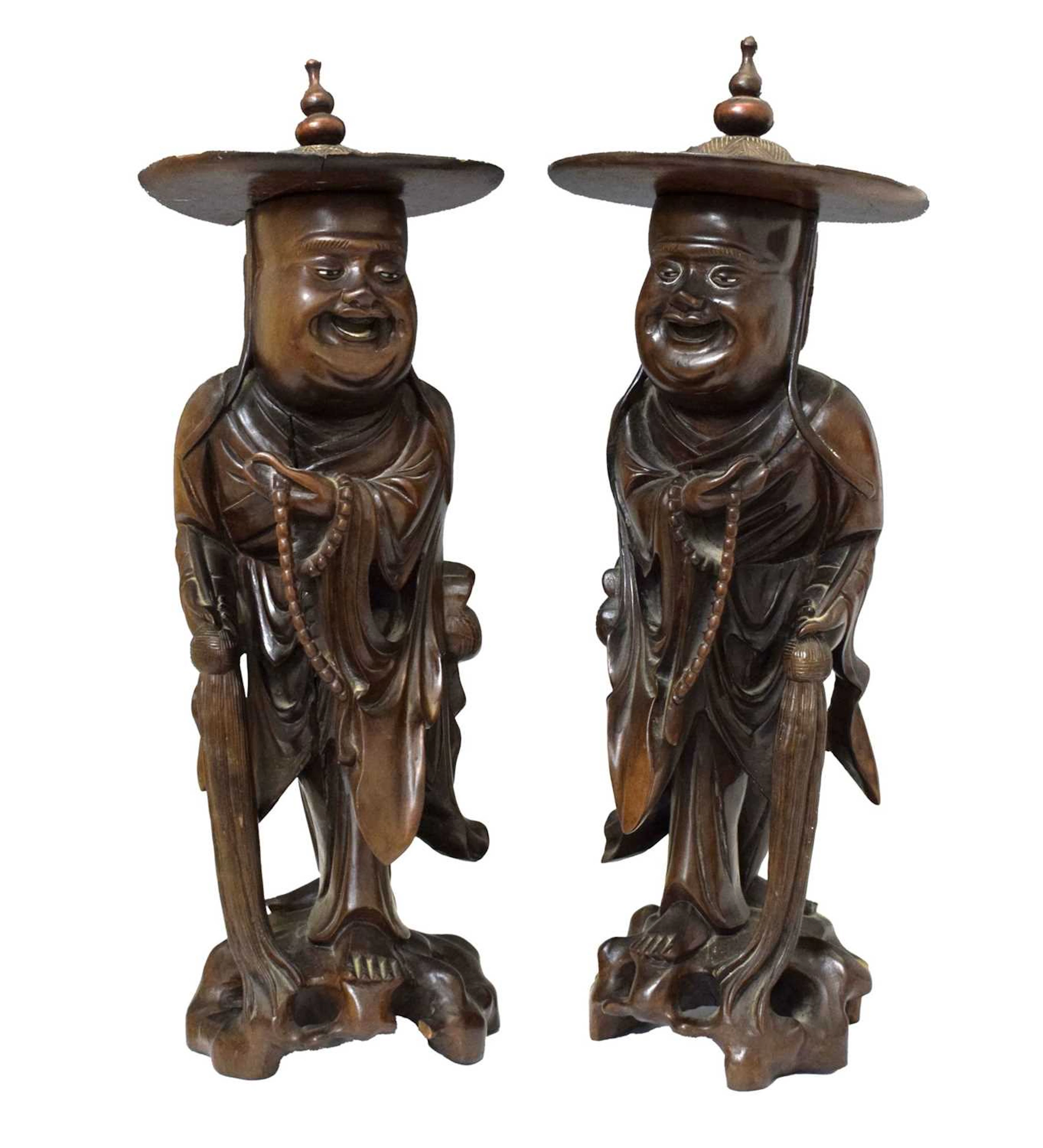 Pair of Chinese carved wooden figures of priests