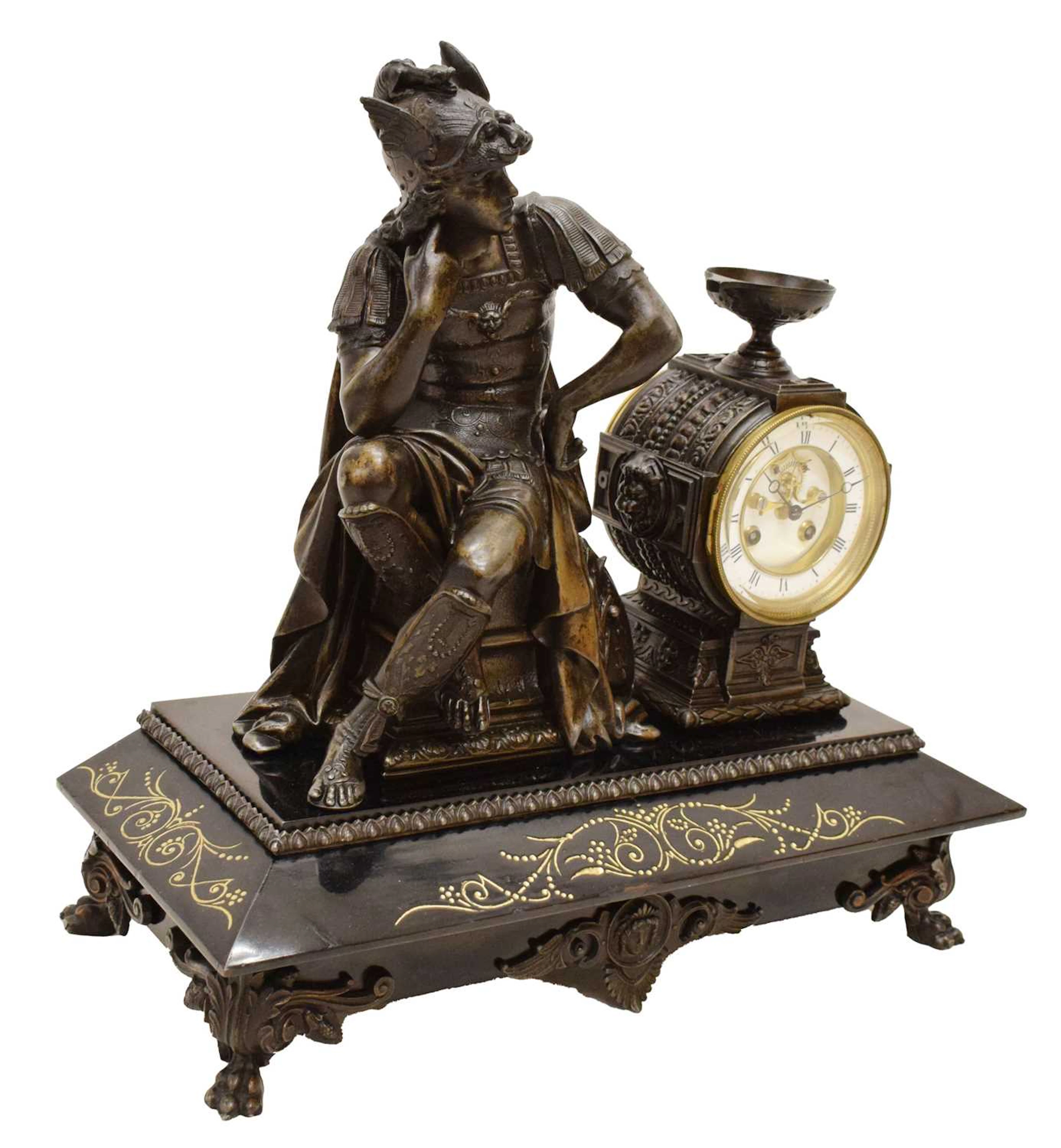 19th century French black marble figural mantel clock depicting Hermes