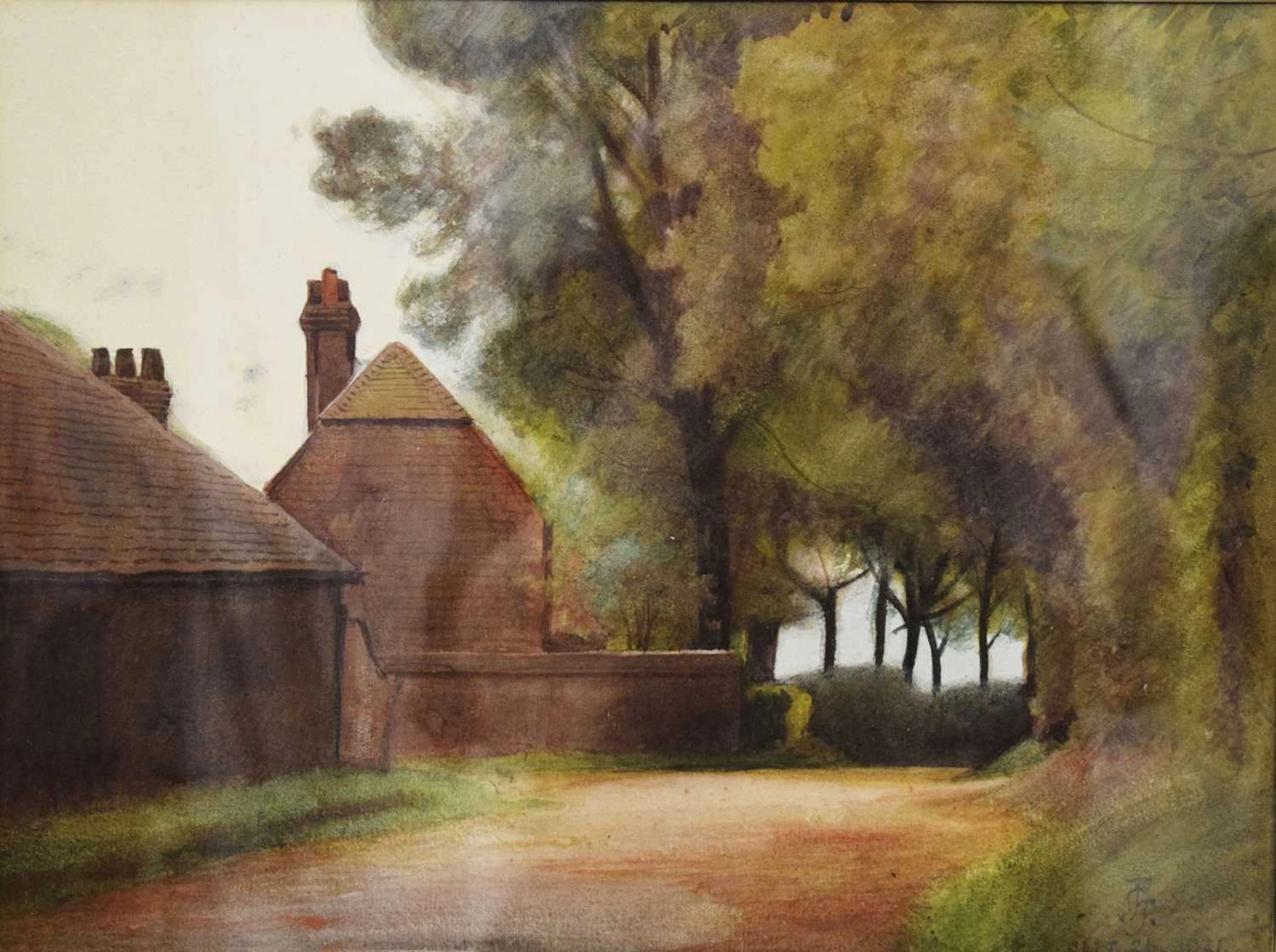 Early 20th century - Watercolour - Country lane with houses
