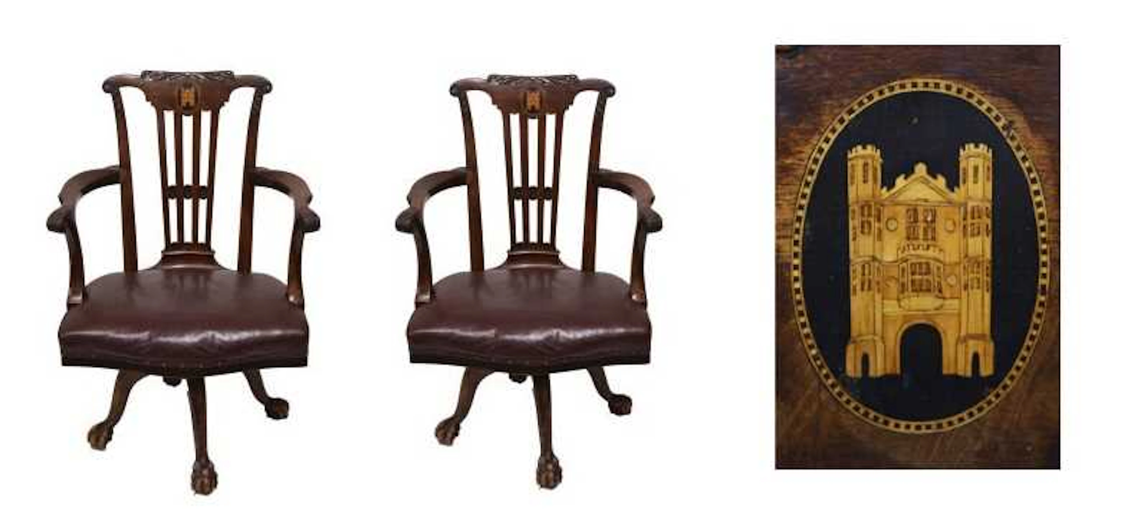 Pair of 20th century inlaid mahogany office or boardroom swivel chairs