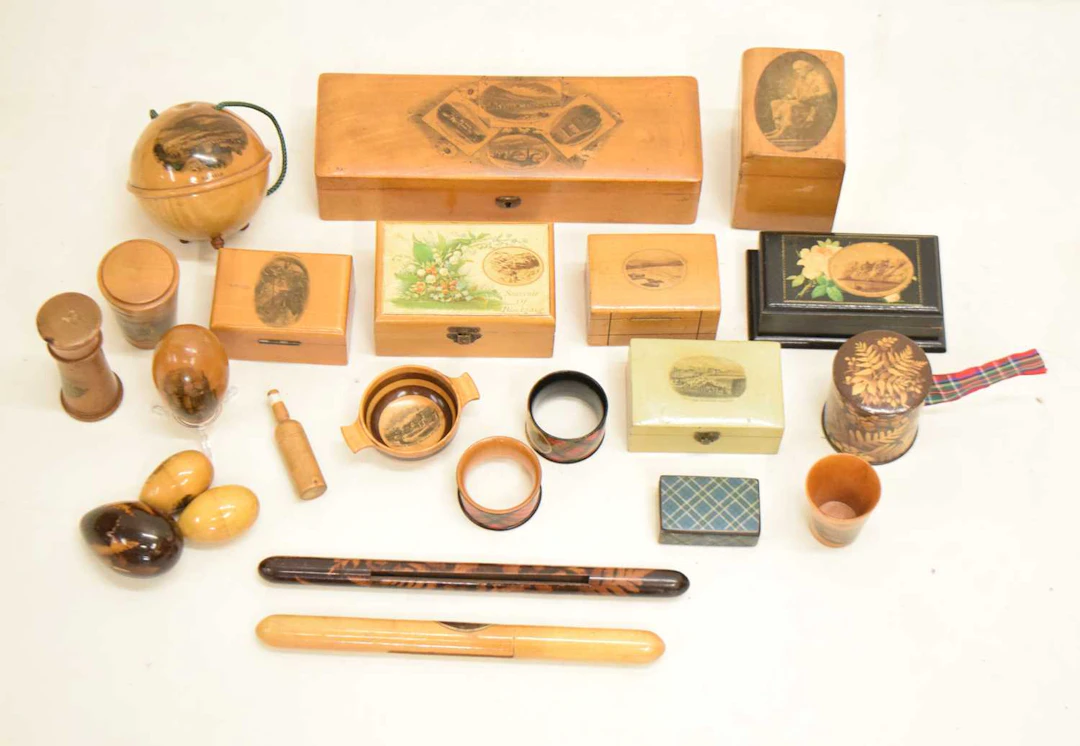 Collection of Scottish Mauchline, Fern and Tartan ware souvenirs