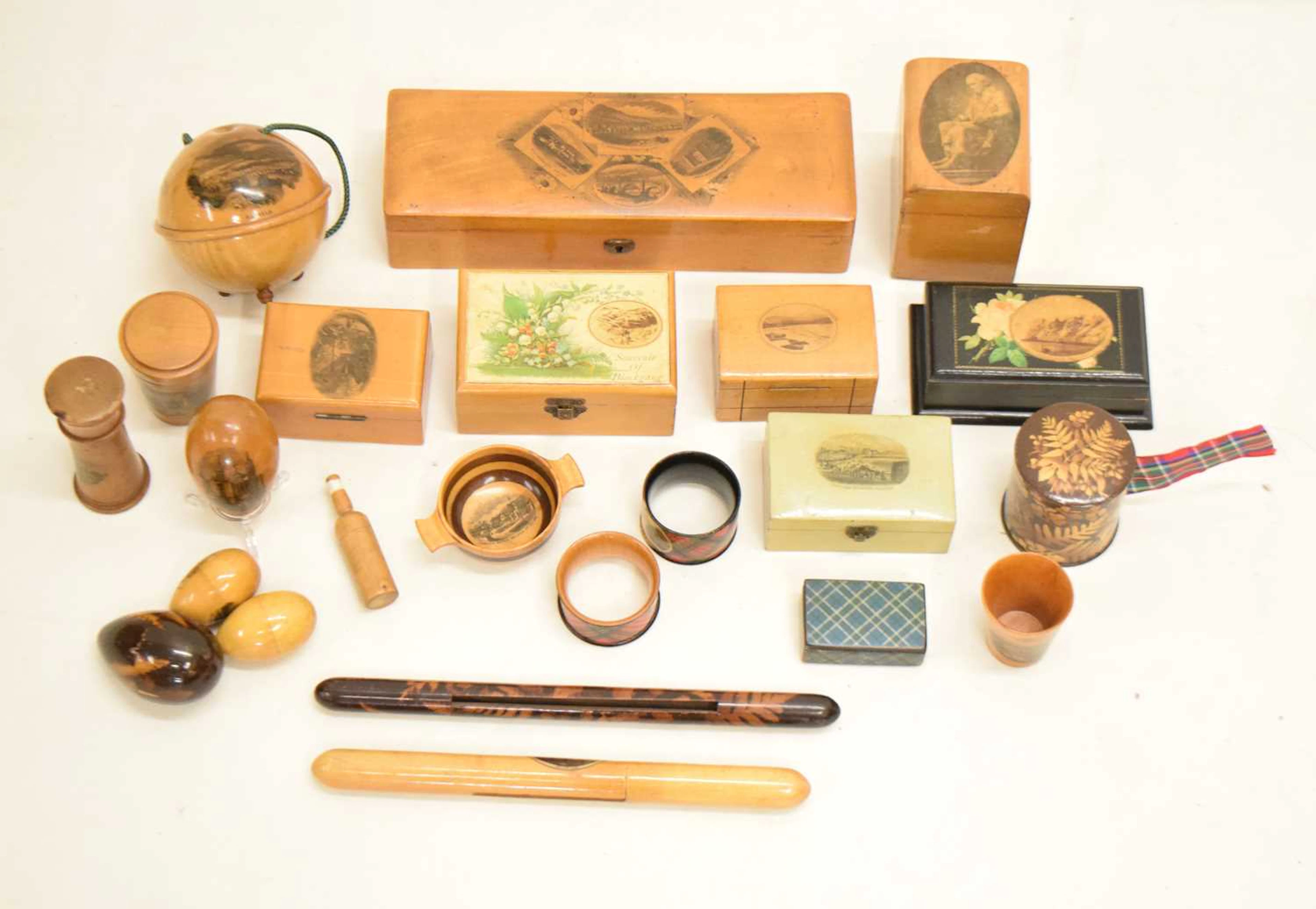 Collection of Scottish Mauchline, Fern and Tartan ware souvenirs