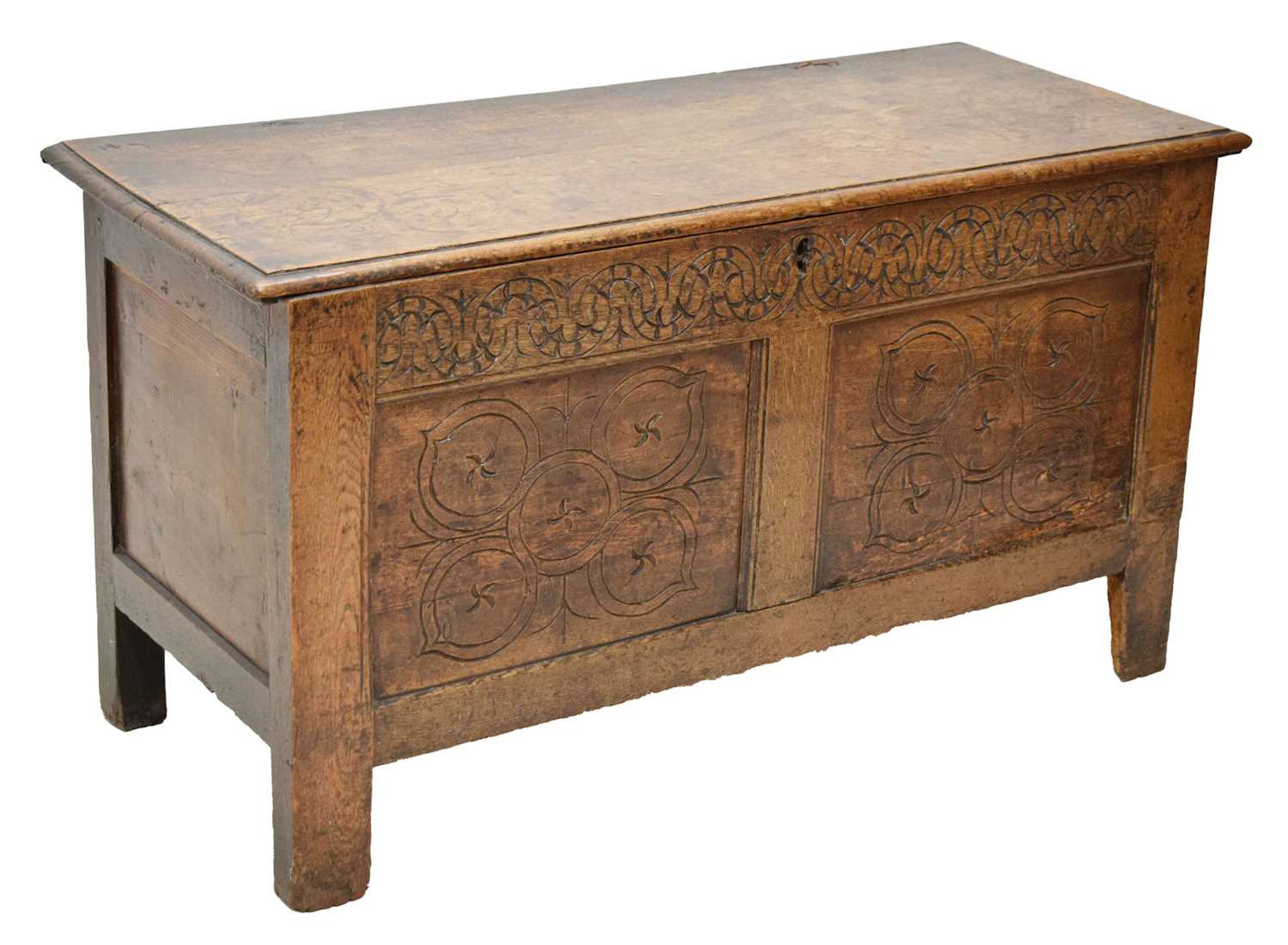 Late 17th century carved oak coffer