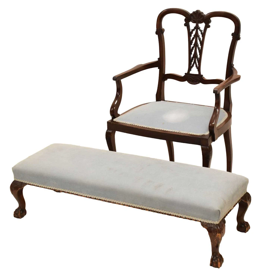 Early 20th century single salon chair, and long stool