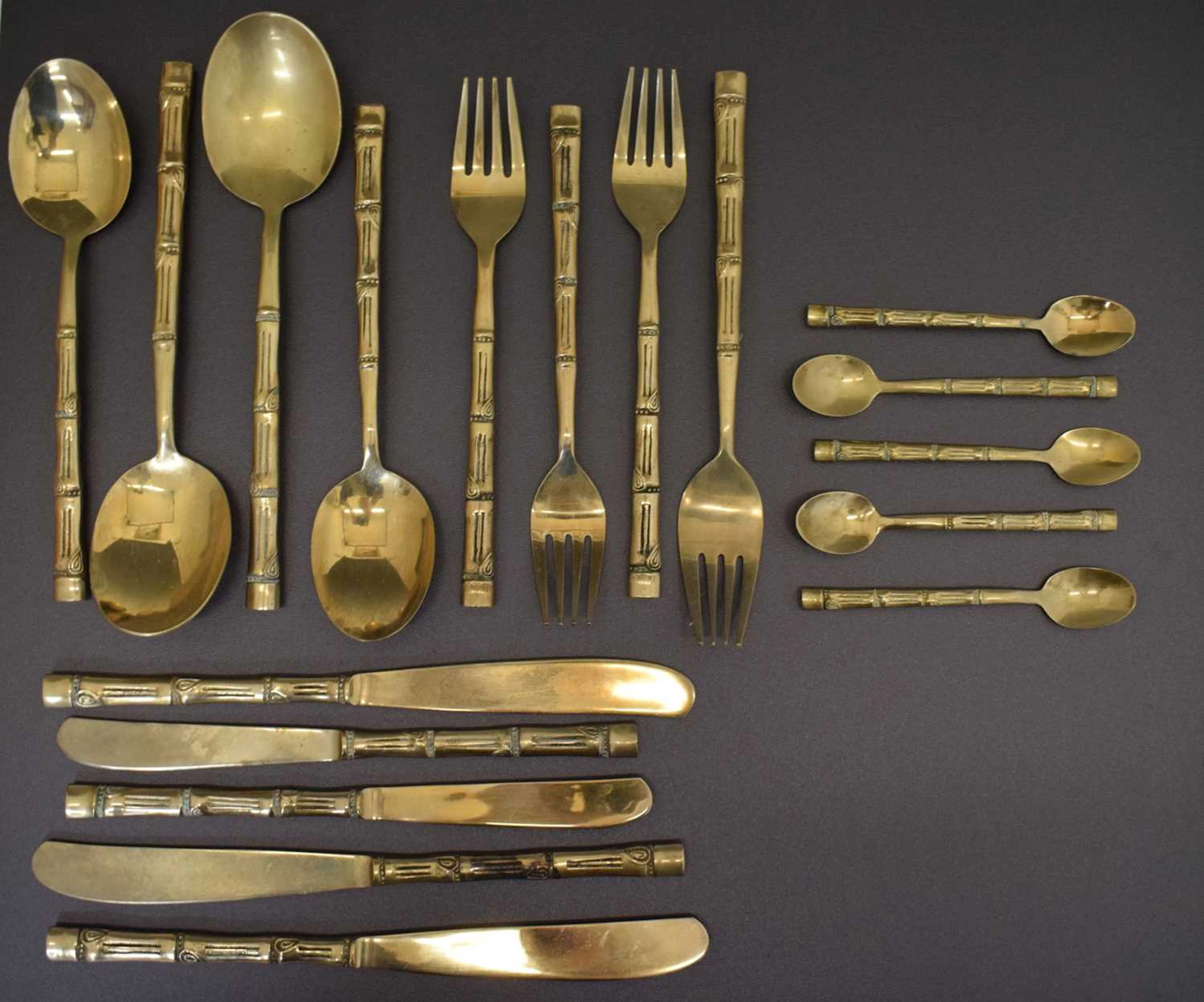 Set of Asian bronze cutlery with bamboo decoration, six place setting