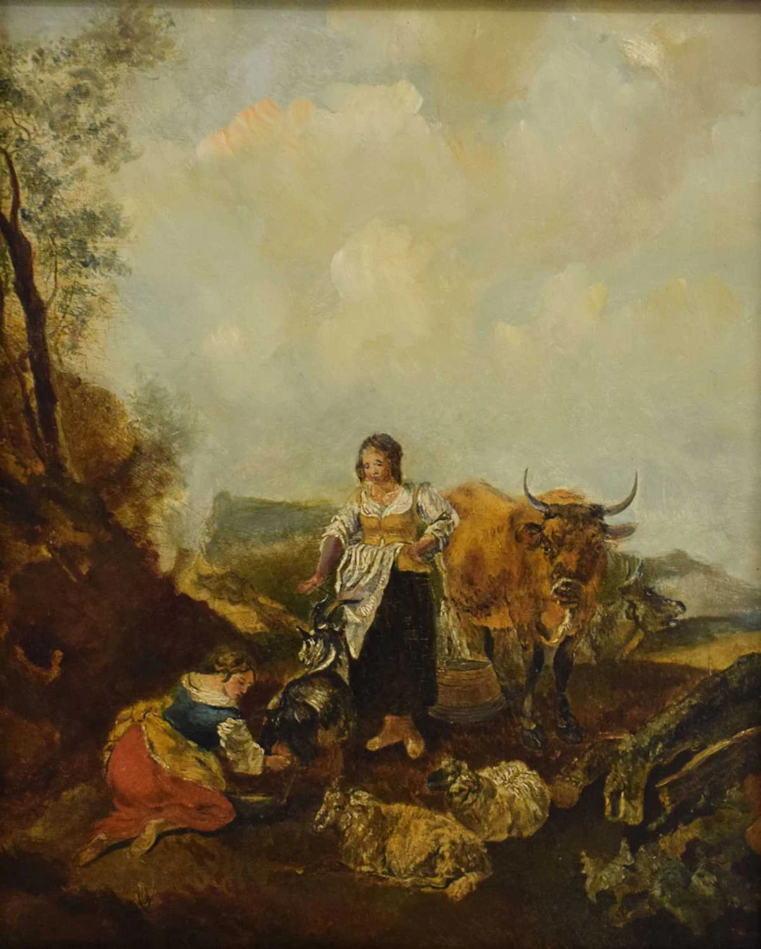 Follower of Nicholas Berghem (1620-1683) - Oil on panel - Farmhands with sheep