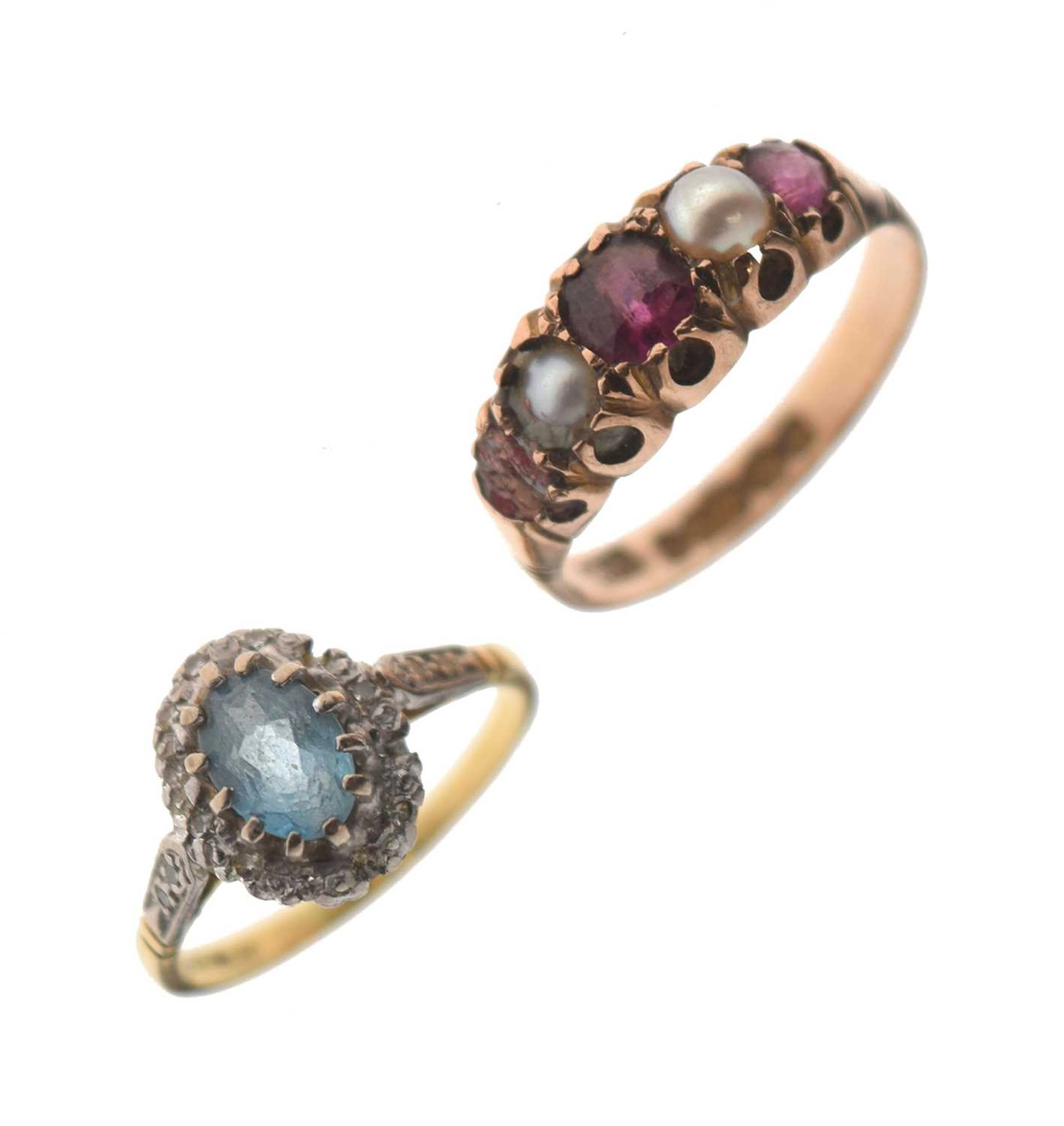 Blue topaz and diamond cluster ring and a 9ct gold five-stone ring (a/f)