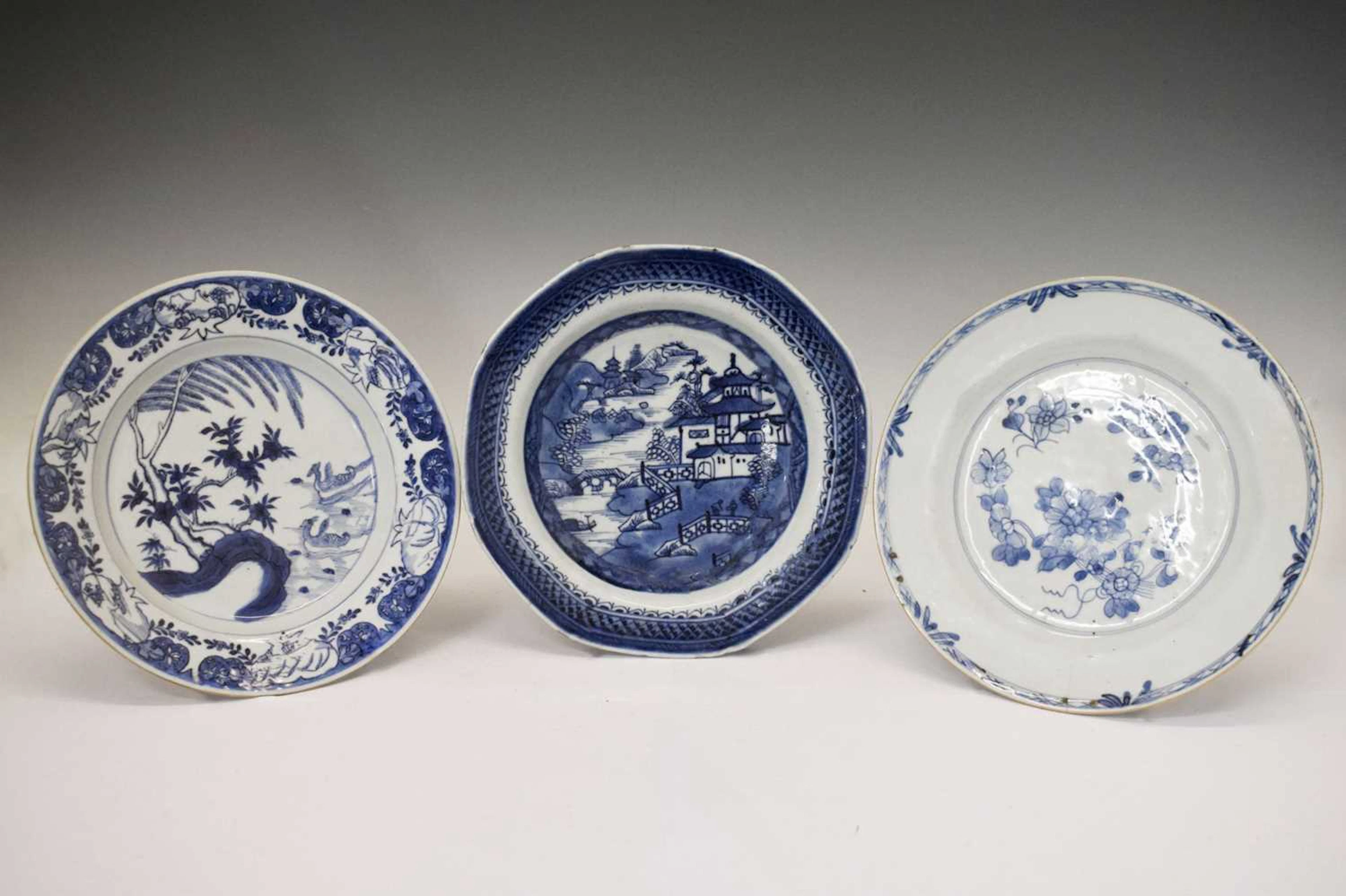 Three 18th century Chinese blue and white porcelain dishes