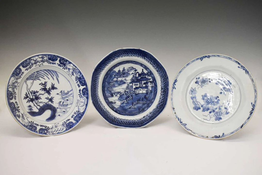 Three 18th century Chinese blue and white porcelain dishes