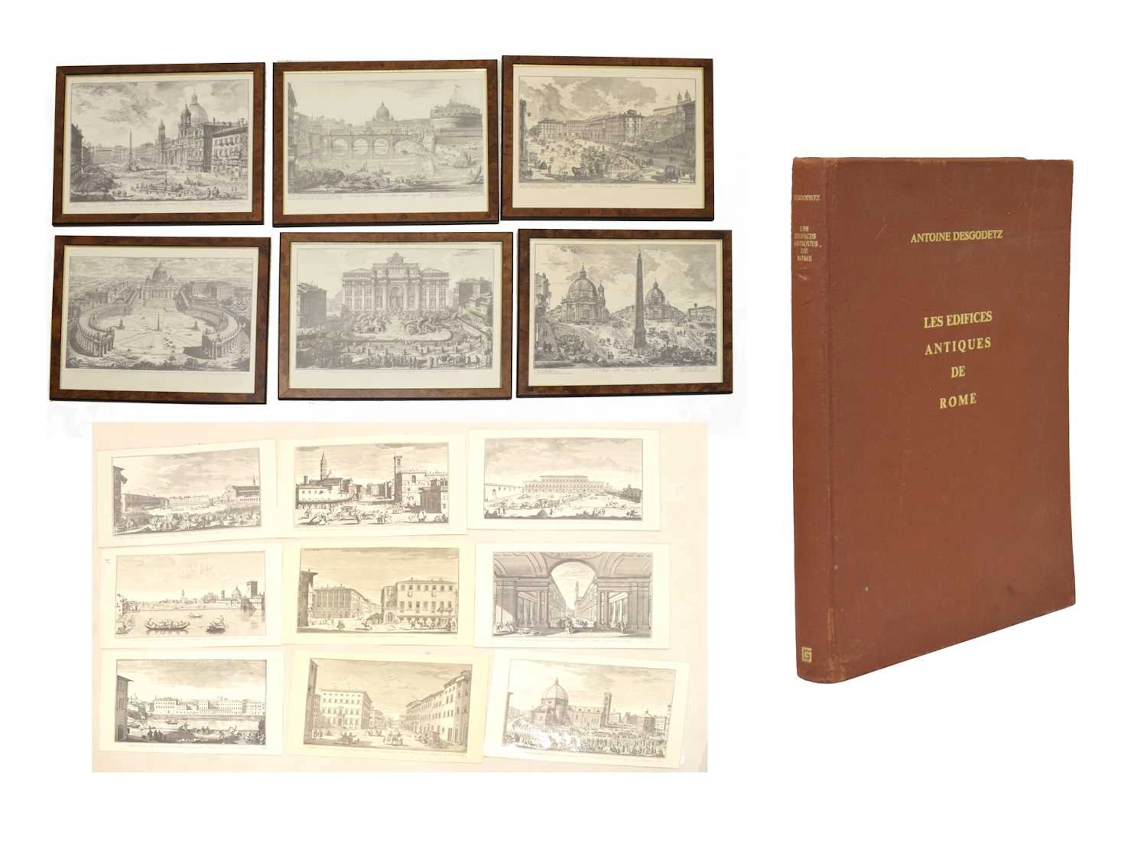 Six reproduction 'vedute' views of Rome after Piranesi, together with