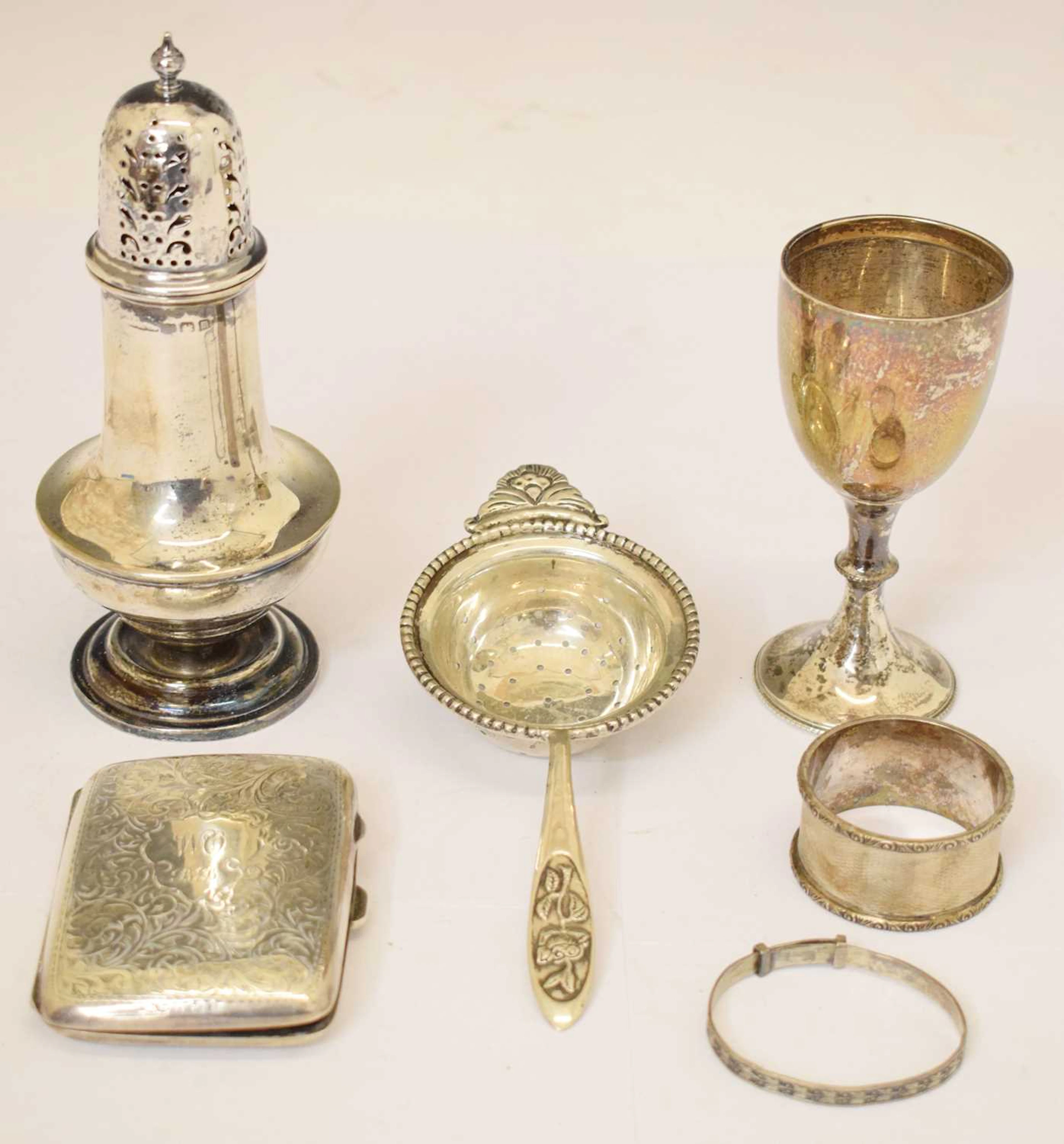 Assorted table silver, plus cigarette case and baby's bracelet