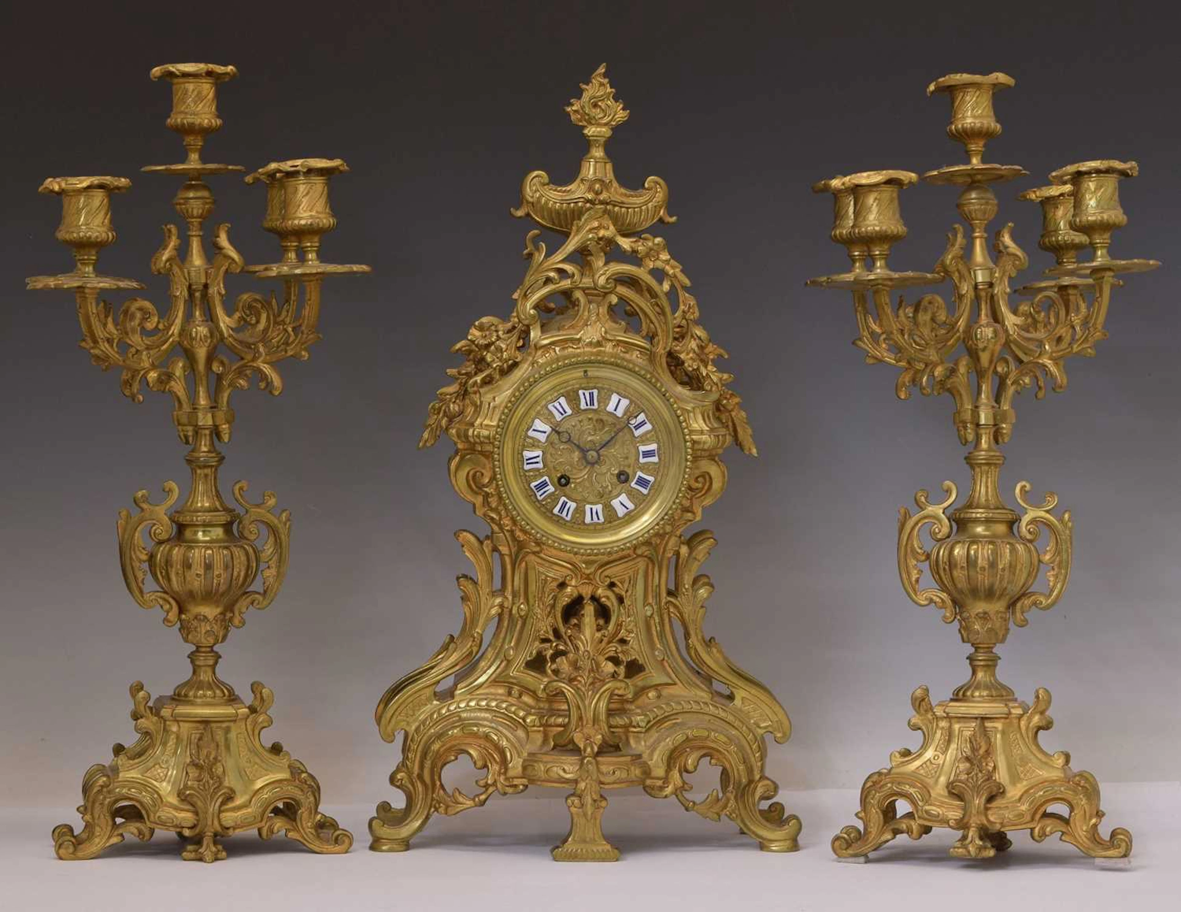 French three-piece gilt brass clock garniture, Japy Freres