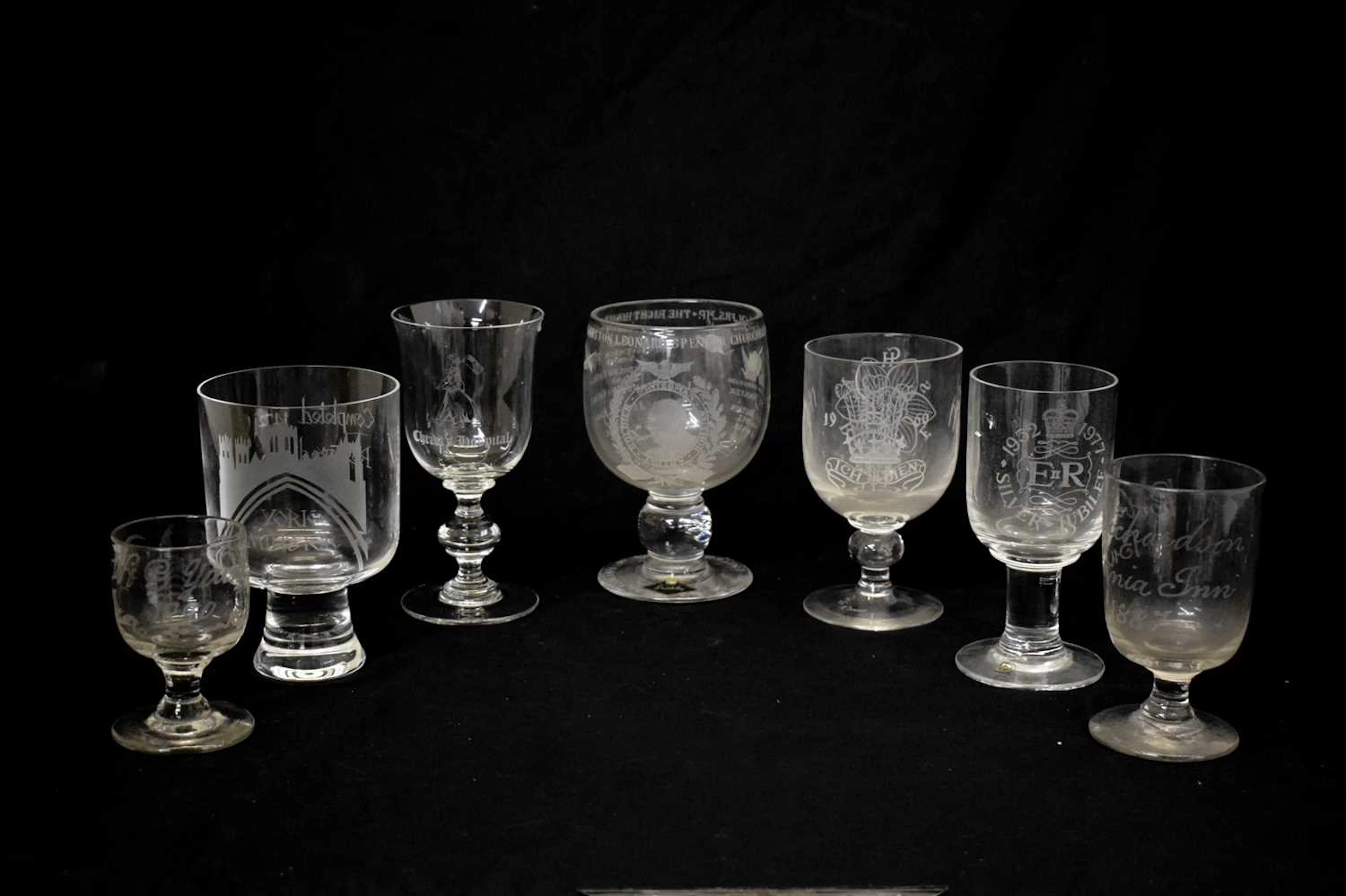 1960s Royal Brierley clear crystal commemorative goblet, etc