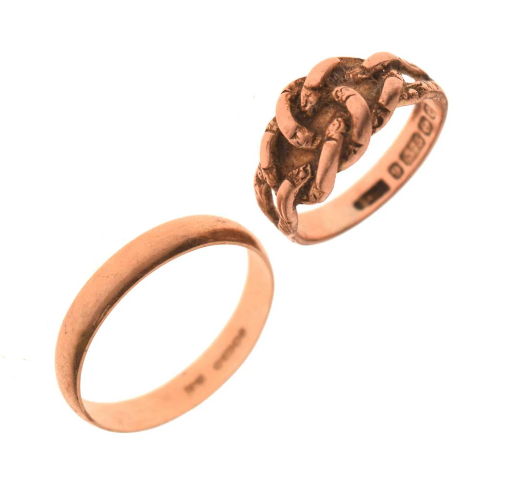 Edwardian 9ct rose gold 'keeper' ring, and a 9ct gold wedding band