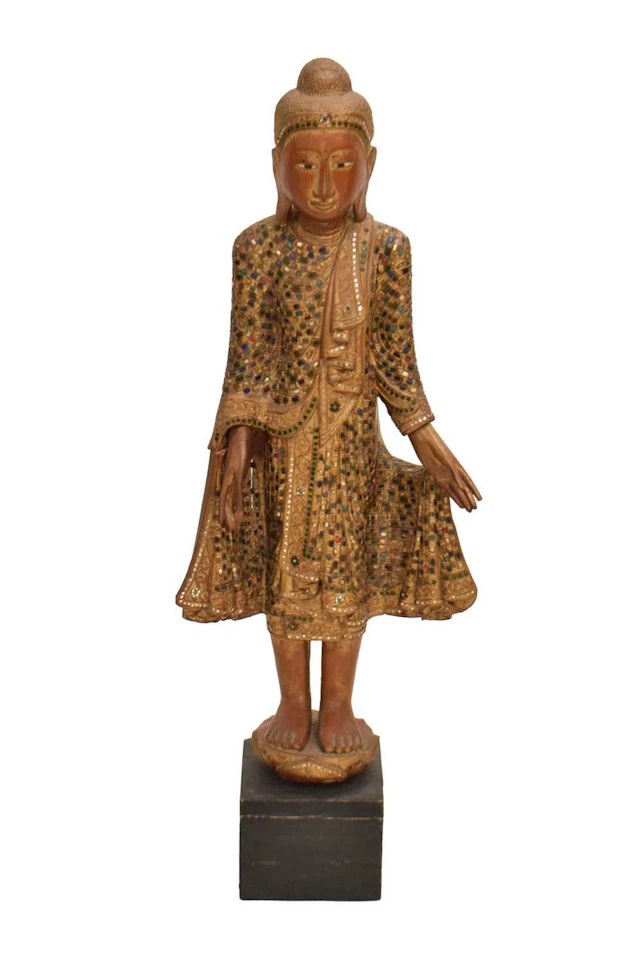 Large South East Asian red lacquered carved wood and glass standing Buddha