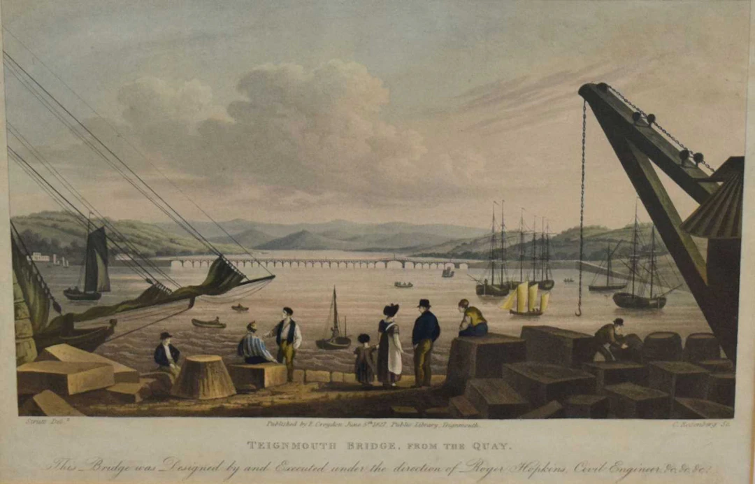 Early 19th century coloured engraving, 'Teignmouth Bridge from the Quay'
